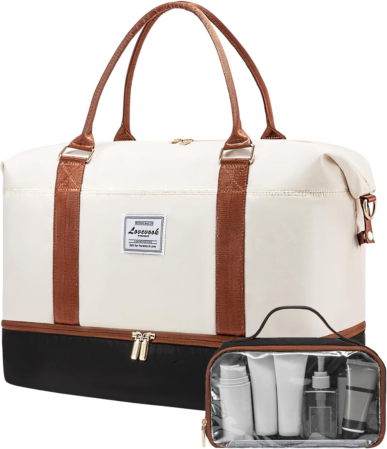LOVEVOOK Travel Bags for Women, Large Weekend Overnight Hospital Maternity Duffel Gym Waterproof Ladies Holdall Carry On Bag with Shoe Compartment & Toiletry Bag, Black & White