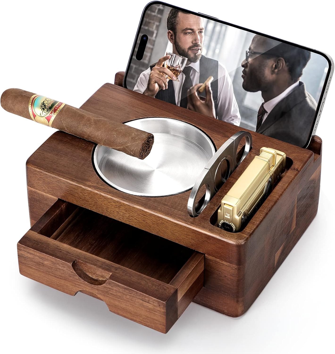 Cigar Ashtray, Wooden Cigar Ashtrays with Cigar Cutter, Phone Tablet Holder, Cigar Holder, Accessories Drawer and Lighter Slot, Home Bar Outdoor Ashtray, Great Cigar Accessories Gift for Men