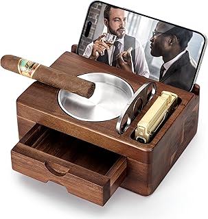 Cigar Ashtray, Wooden Cigar Ashtrays with Cigar Cutter, Phone Tablet Holder, Cigar Holder, Accessories Drawer and Lighter Slot, Home Bar Outdoor Ashtray, Great Cigar Accessories Gift for Men