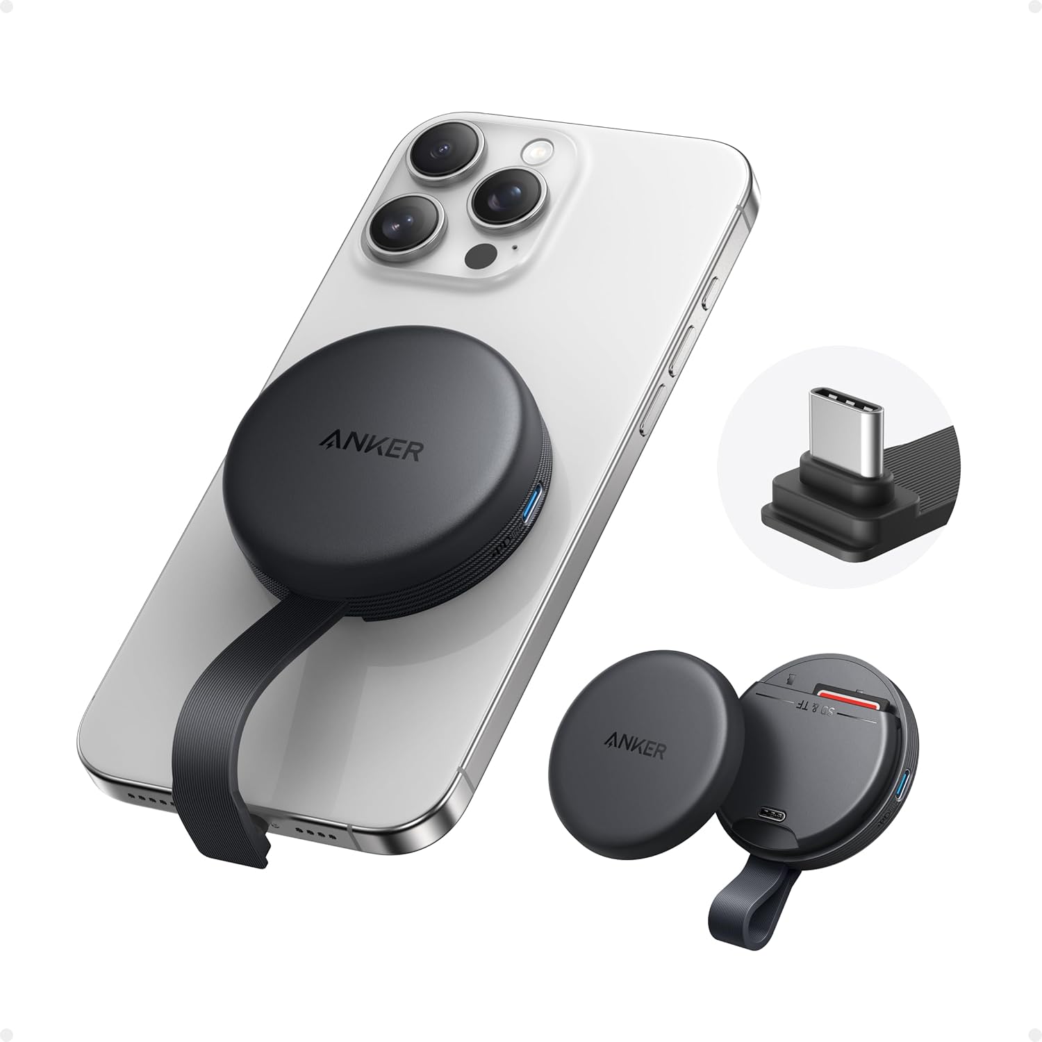 Anker MagGo USB-C Adapter, SD Card Reader for USB C iPhone 16/15 Series(Not for12/13/14), Portable Magnetic Memory Card Reader with Built-in Cable, Slots for SD&TF, 312MB/s Max Data Transfer(Black)