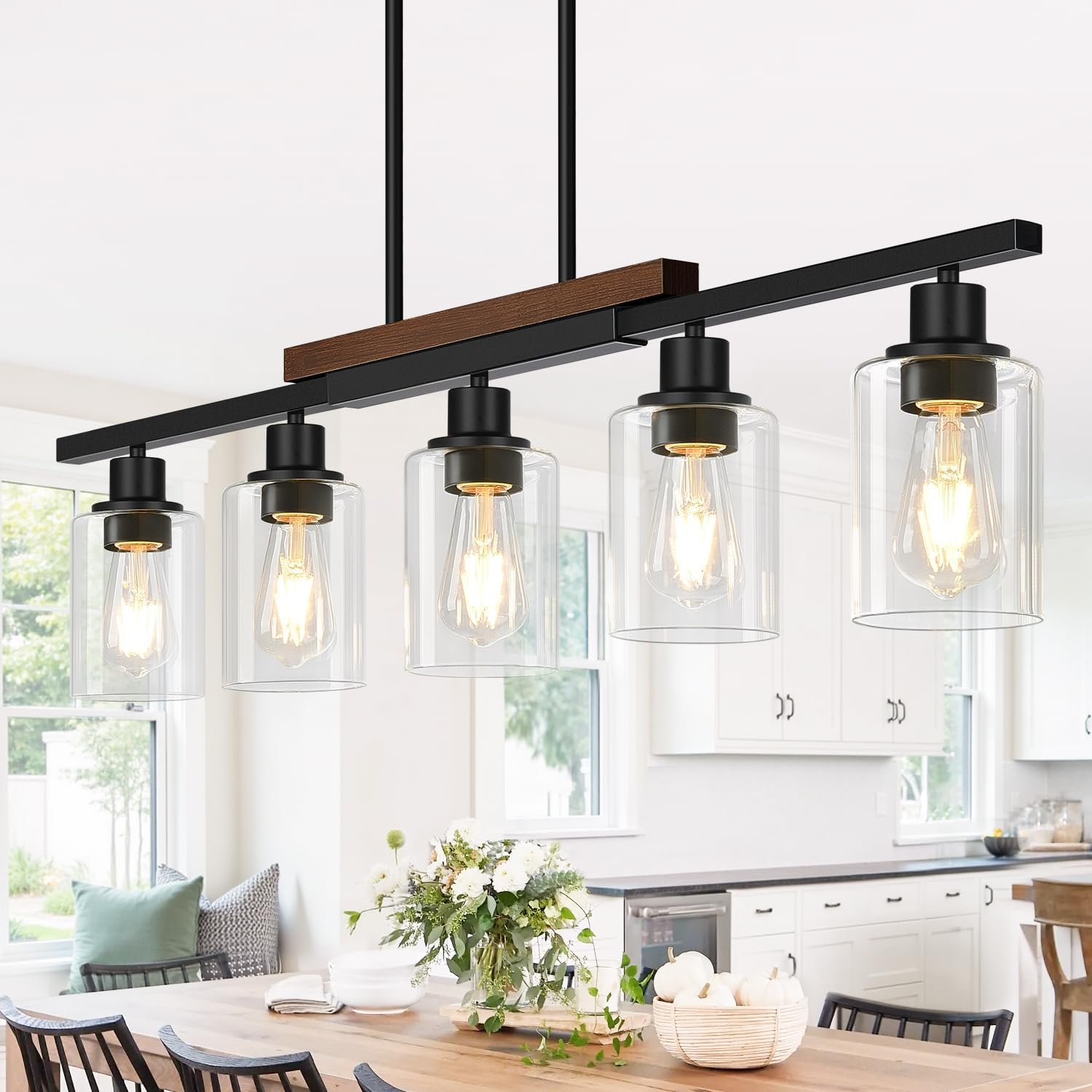 37" Farmhouse Dining Room Light Fixture Over Table, 5-Light Matte Black Wood Kitchen Island Lighting with Clear Glass Shade, Pendant Lights Linear Chandeliers for Dining Room Kitchen Island