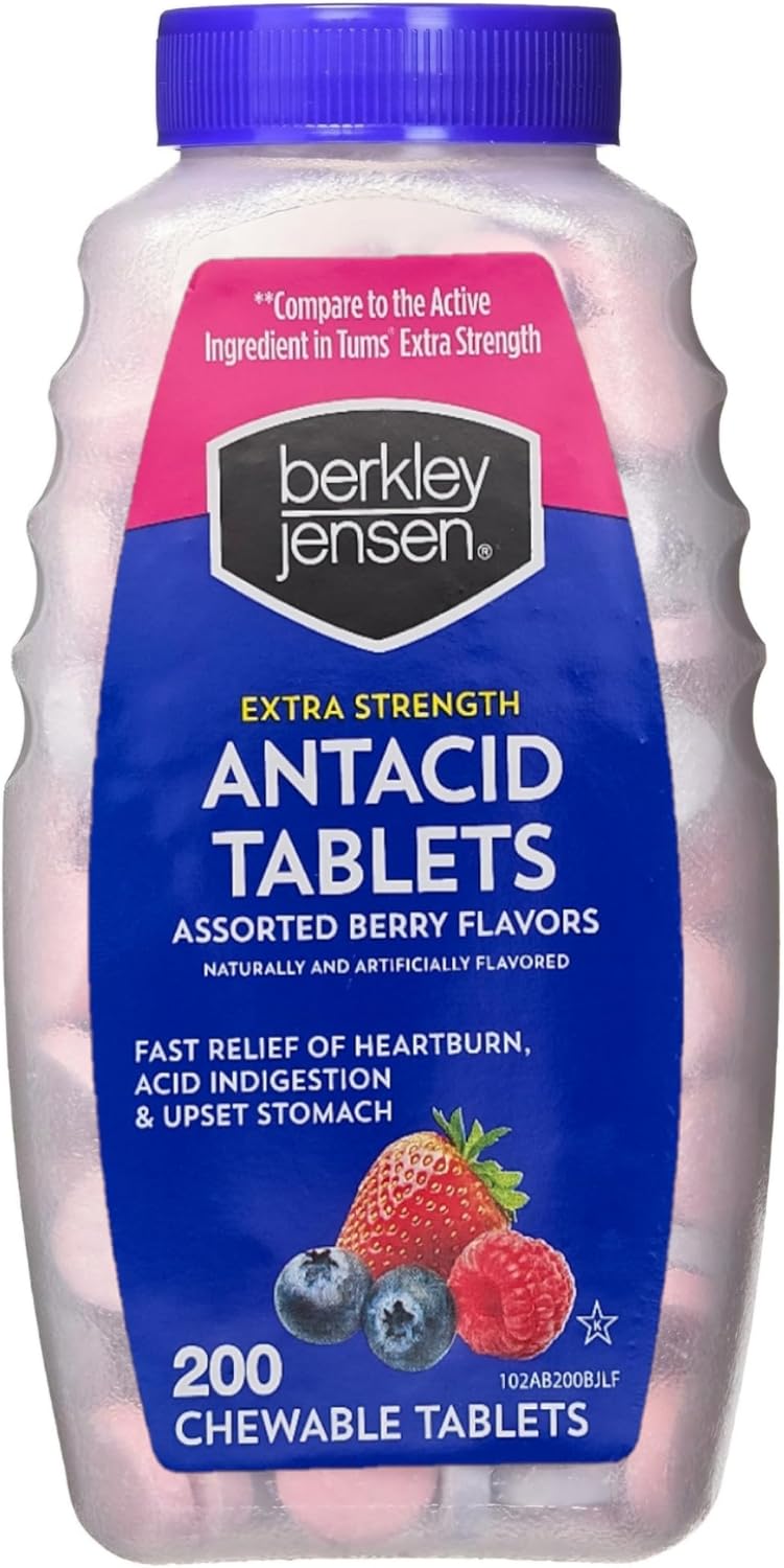 berkley jensen Extra Strength Antacid Tablets Chewable - 750mg Calcium Carbonate Antacids for Heartburn, Acid Indigestion, Upset Stomach Relief - Assorted Berry Flavor - 200 Count (Pack of 1)