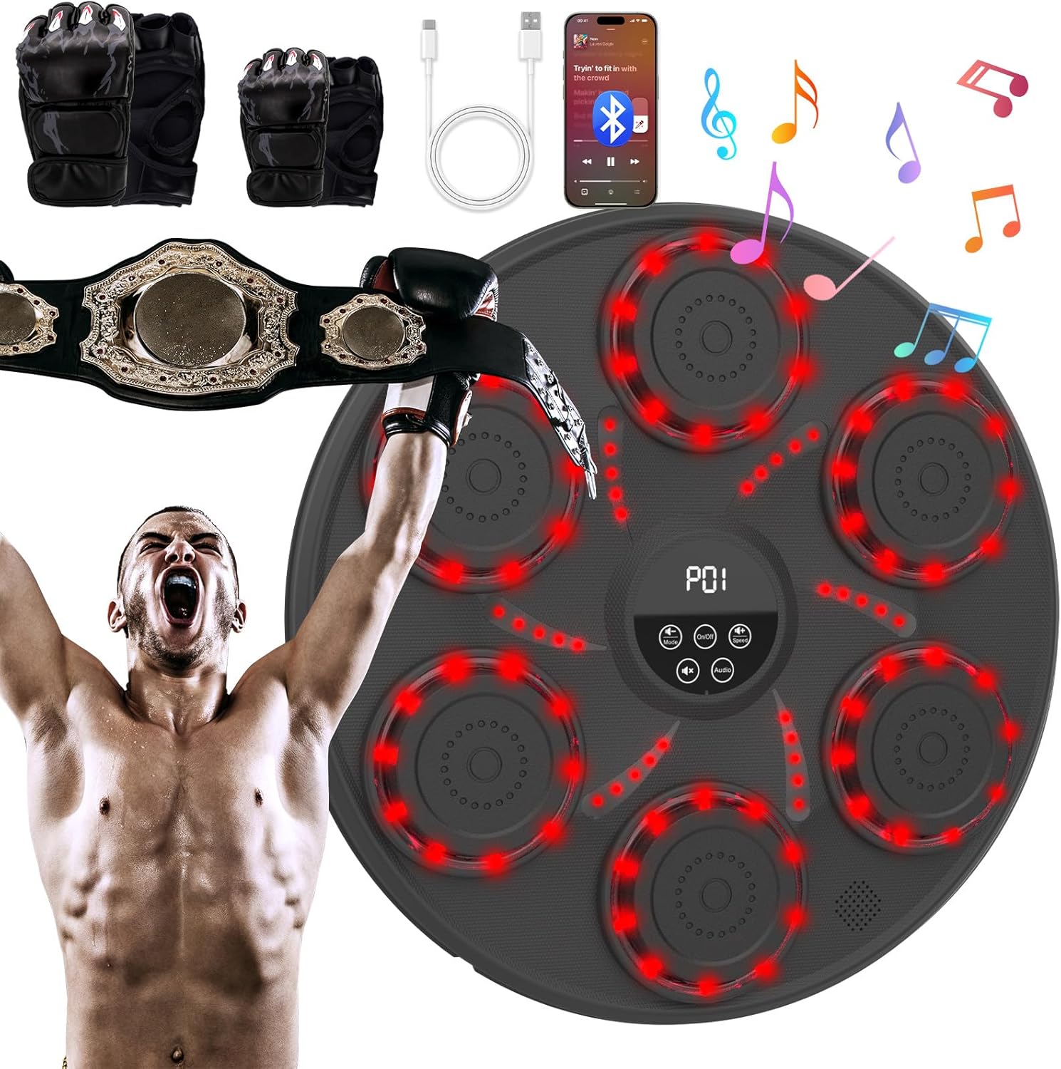 Music Boxing Machine with Boxing Gloves, Wall Mounted LED Light Punching Machine, Bluetooth Connected 9 Speed & Mode Adjustment, for Adults and Kids