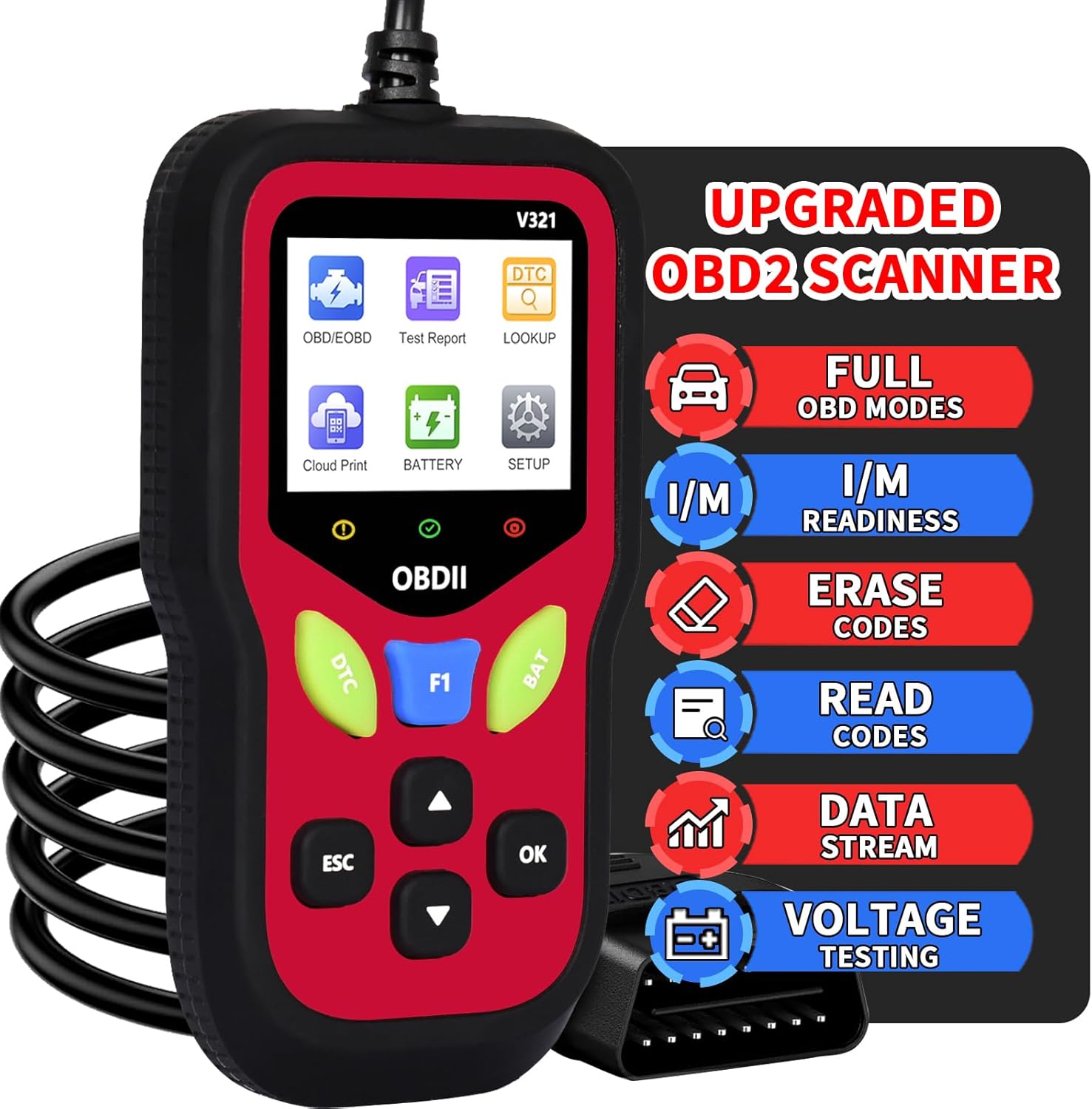 V321 OBD2 Scanner Diagnostic Tool - Erase Engine Light Code Scanner Tool with Reset, 30000+ DTC, Data Printed, Data Stream, I/M Readiness, Car & Truck Scan Tool for All Vehicles Since 1996