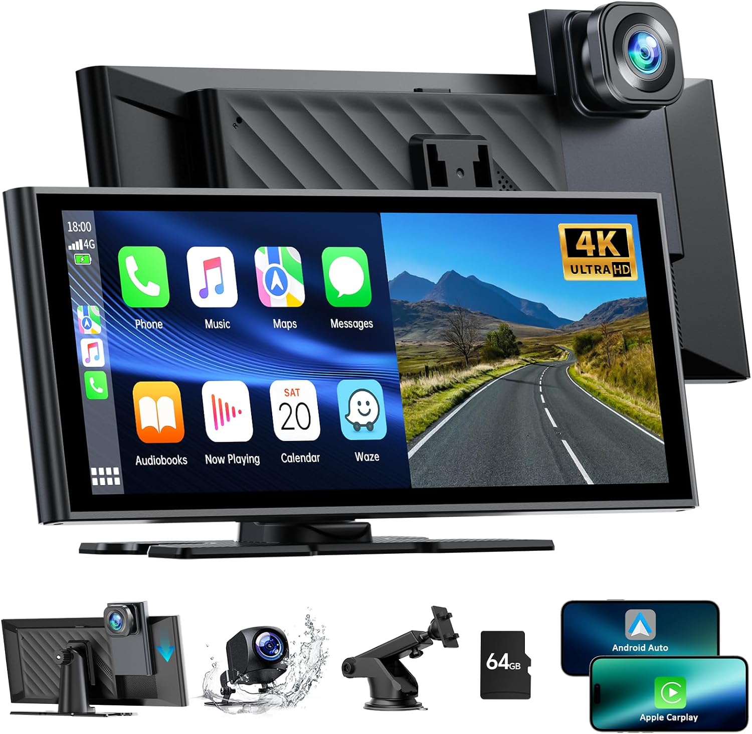 LAMTTO Wireless Car Stereo for Apple Carplay with 4K Dash Cam Front and Rear, 9.26'' Touch Screen Carplay Car Radio,1080P Backup Camera/Loop Recording/GPS Navigation/Mirror Link/64G TF