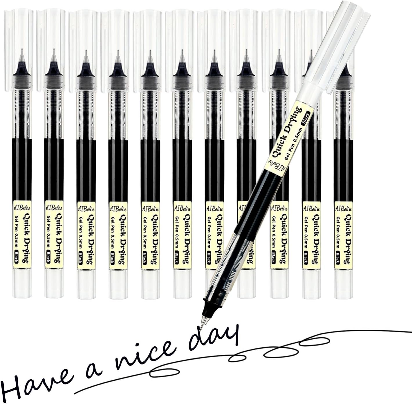AIBelire Rollerball Pen, 12 Pack 0.5 mm Black Gel Ink Pens, Quick-Drying Ballpoint Pen for Writing, Journaling, Home Office School Stationary Supplies