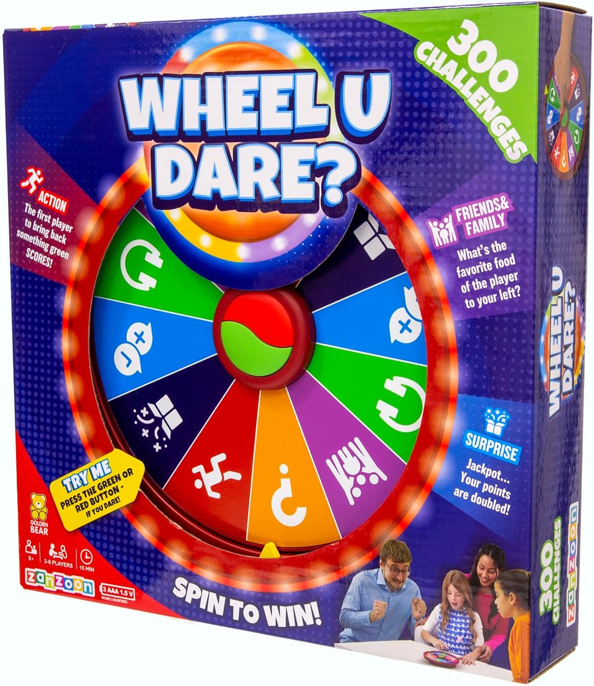 Wheel U Dare? The ultimate in live family games, quiz games with a difference, spin the wheel and complete the challenges. Easy out of the box play board game. Family games for kids and adults.