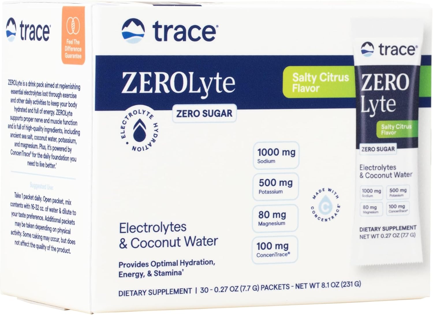 Trace Minerals ZeroLyte - Sodium & Electrolyte Replenishment - Energy & Hydration Support Drink Powder - Nerve & Muscle Function Support - Salty Citrus, 30 Packets (30 Servings)