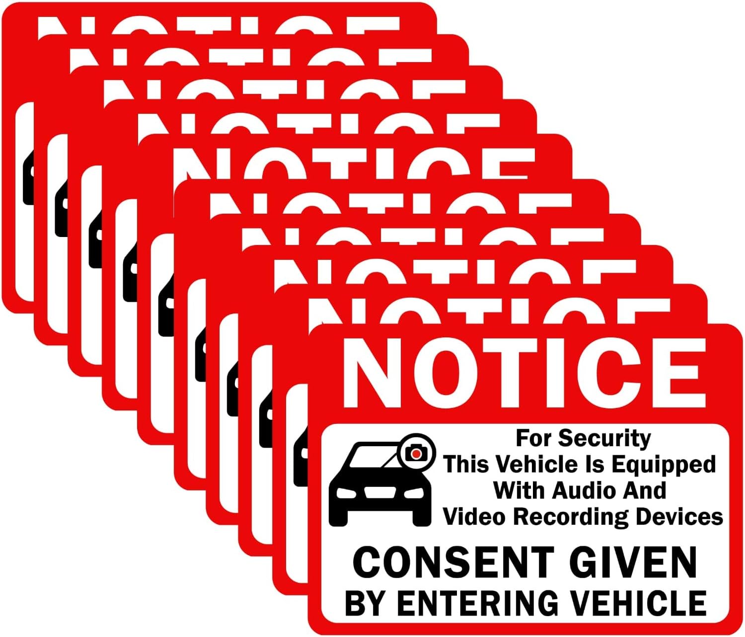 10-Pack Double Sided 3.5"x2.5" - Notice Vehicle is Equipped with Audio and Video Recording Devices Consent by Entering Car Sticker-Vinyl Decal, UV Protected, Waterproof, Indoor&Outdoor Use