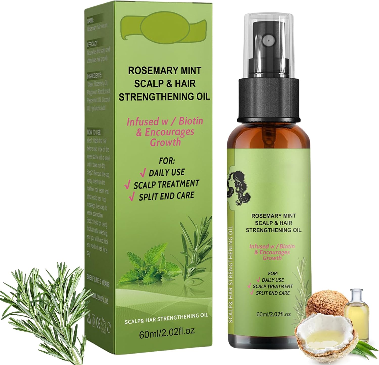 Rosemary Mint Scalp & Hair Strengthening Oil, Hair Growth Spray for Strengthen Hair Root, Split End Care, Nourish Scalp, Strengthens & Lengthens Hair for All Types - 60ml