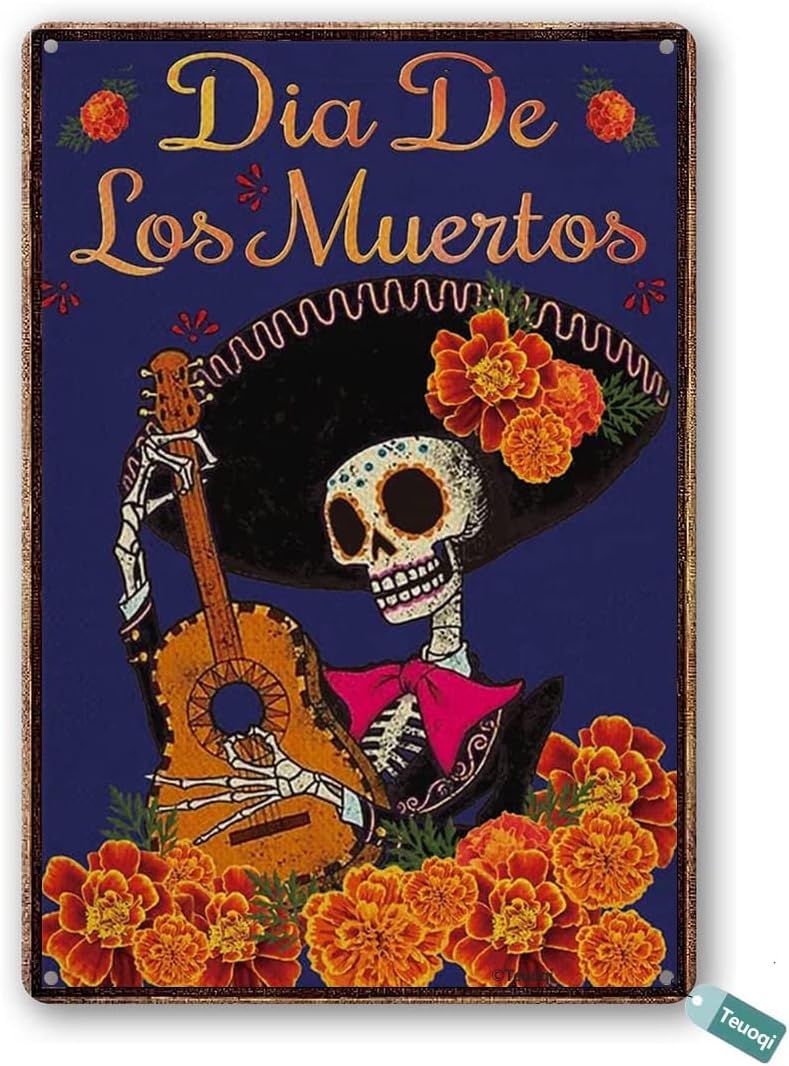 Vintage Day of The Dead Dia De Los Muertos Marigold Sugar Skull Metal Decoration Pub Plaque 8x6 Inch Tin Sign Home Decor Home Art Metal Signs Wall Art Wall Decor Poster