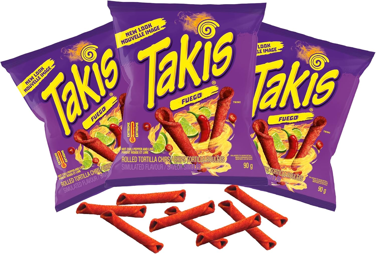 GroceriesRus TAKIS Fuego Spicy Chili Pepper and Lime Rolled Tortilla Chips (90g) (Pack of 3)