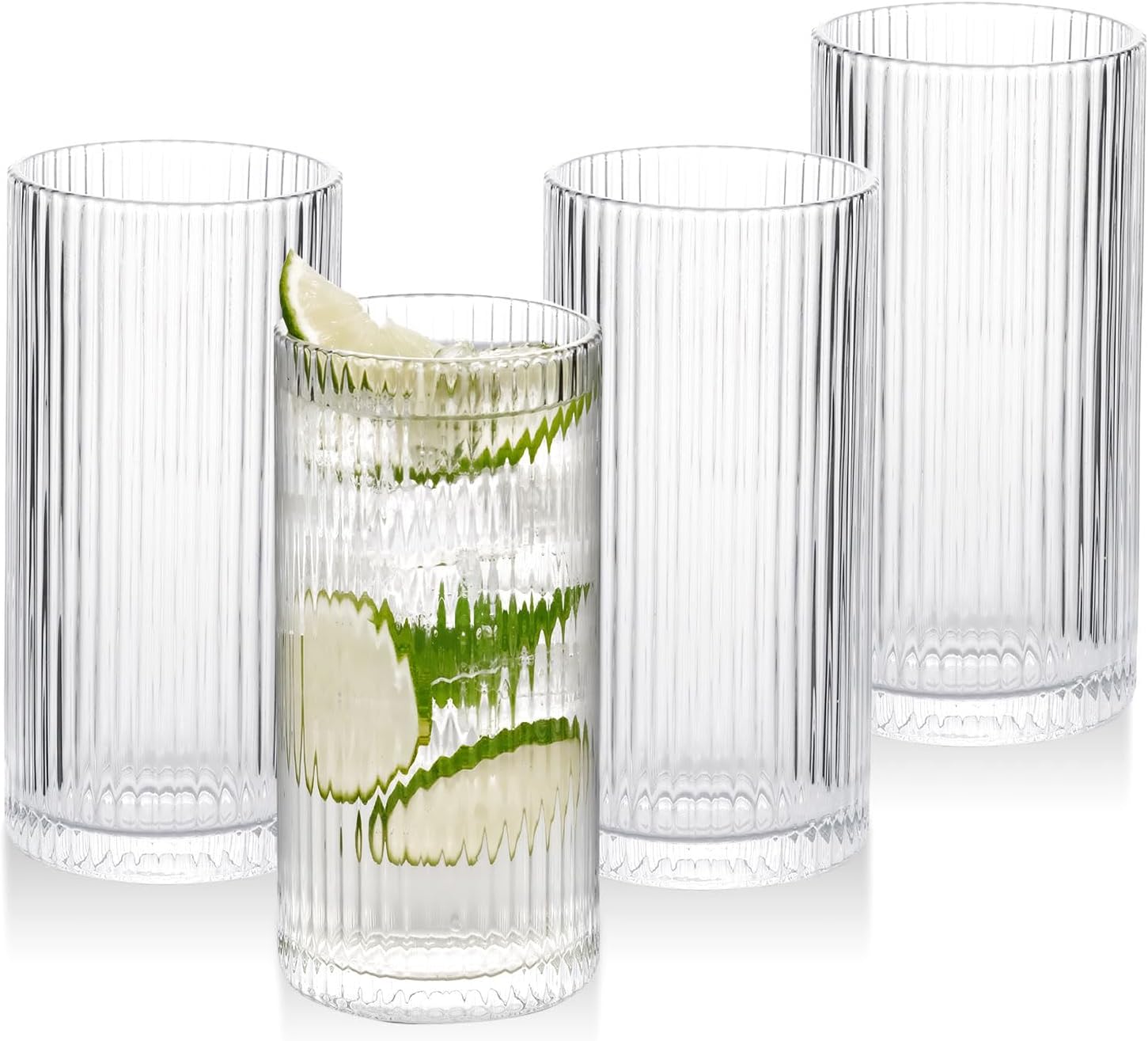 WHJY Ribbed Glassware Tall Highball Glasses Unique Everyday Drinking Glasses Set of 4 for Cocktail, Whiskey, Beer, Juice -13 oz 5.7"