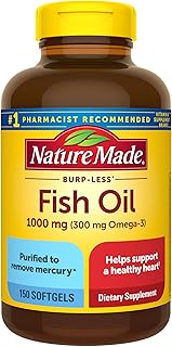 Nature Made Burp Less Fish Oil 1000 mg Softgels, Fish Oil Supplements, Omega 3 Fish Oil for Healthy Heart Support, Omega 3 Supplement with 150 Softgels, 75 Day Supply