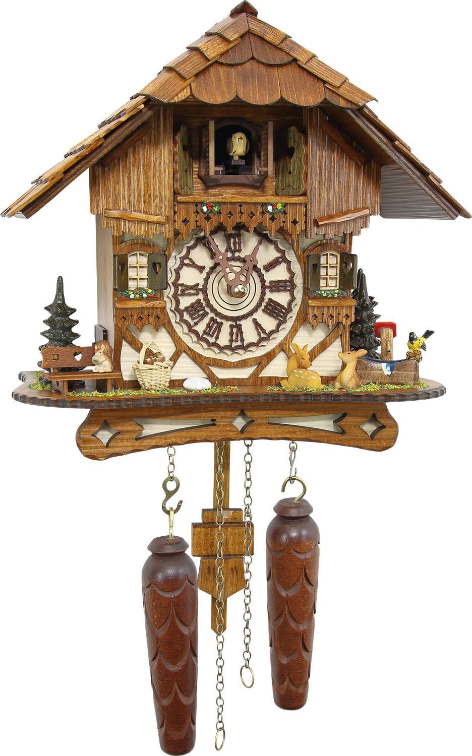 German Cuckoo Clock - Blackforest Hillside Chalet with Wonderful Animals with Quartz Movement - 10 1/4 inches Height
