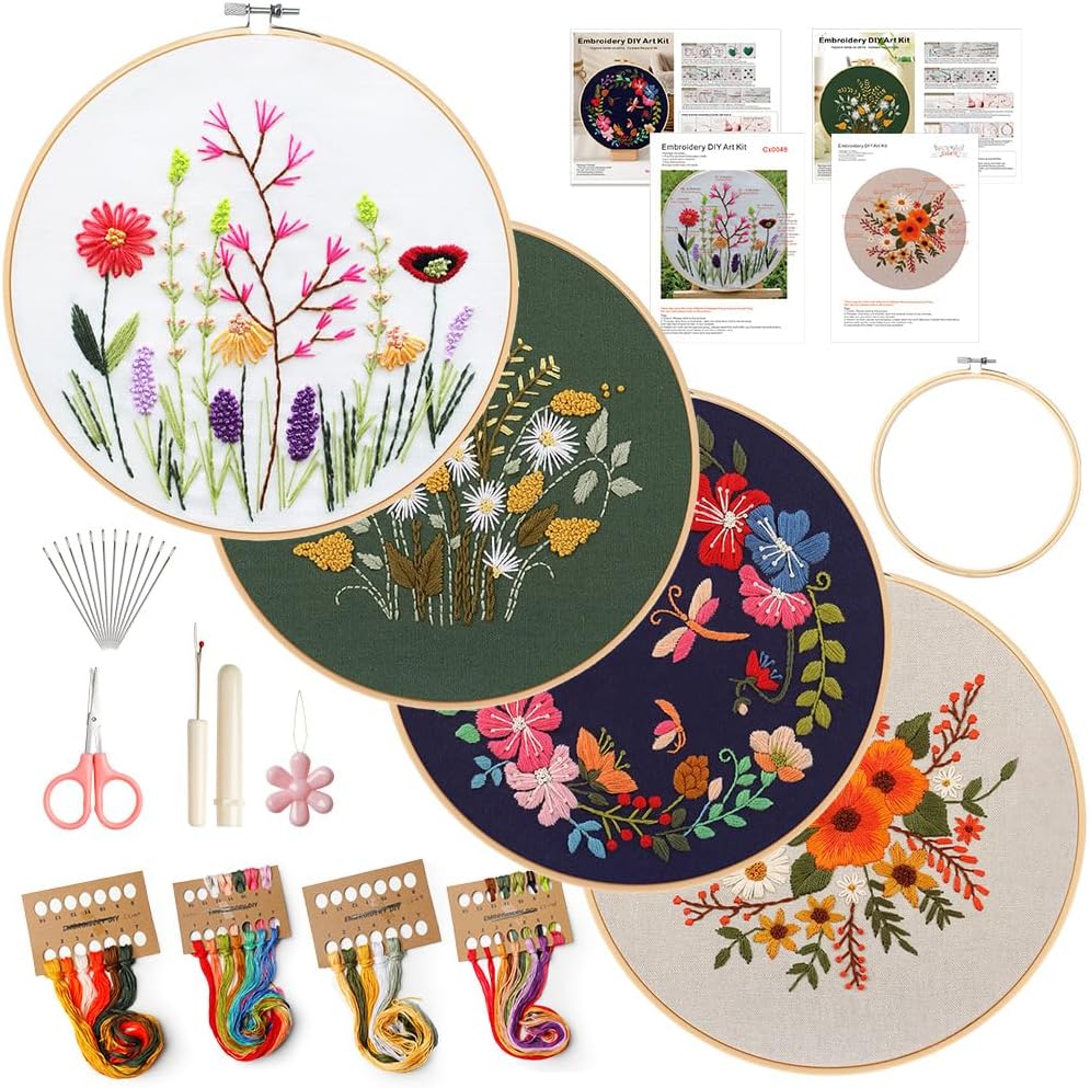 4 Pack Embroidery Kit for Beginners,Adults DIY Starter Kit,Cross Stitching Kits with Flower Stamped Patterns,Hoop,Tools,Colorful Threads with Needles,Step by Step Instructions,Hand Craft Lover Gift