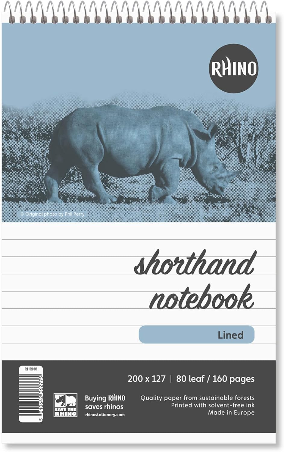 Rhino Shorthand Notebook, 160 Page / 8mm Lined Notepad, 1 Pack, Reporters Spiral Notebook, Wirebound Writing Pad