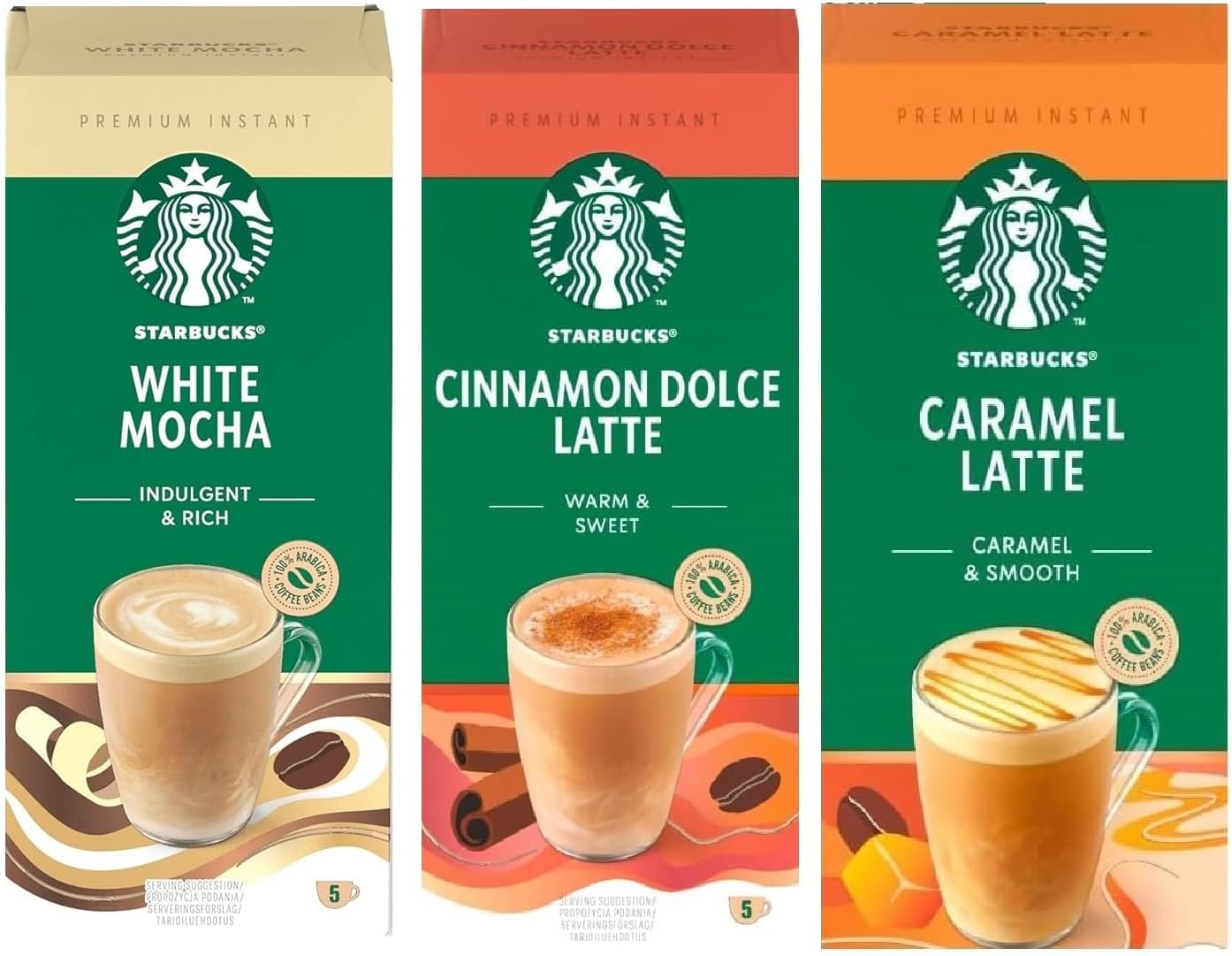 Starbucks Variety Pack Premium Instant Coffee Sachets Flavours inc. White Mocha, Caramel Latte, and Cinnamon Dolce. (Pack of 3, Each Pack 5 Sachets, Total 15 Sachets)