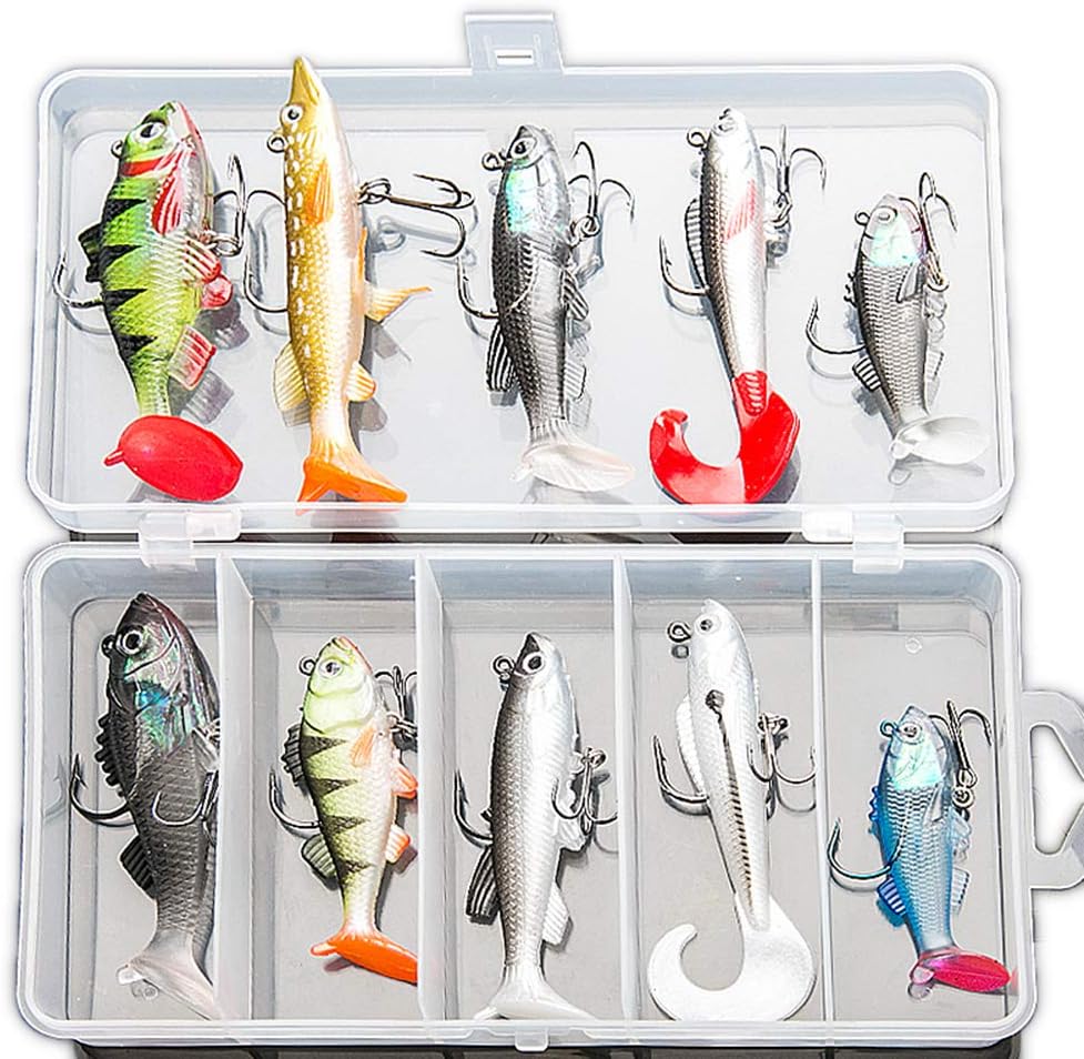 DONQL Soft Fishing Lures Kit, Fishing Lures Baits Tackle Set for Freshwater Trout Bass Salmon-Include Vivid Spinner Baits, Artificial Silicone Bass Baits With Box