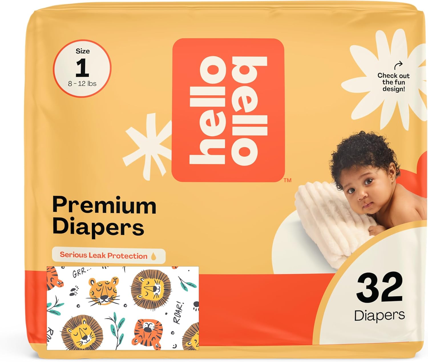 Hello Bello Diapers, Size 1 (8-12 lbs) Wild Cats, 32 Count of Premium Disposable Baby Diapers, Hypoallergenic with Soft, Cloth-Like Feel