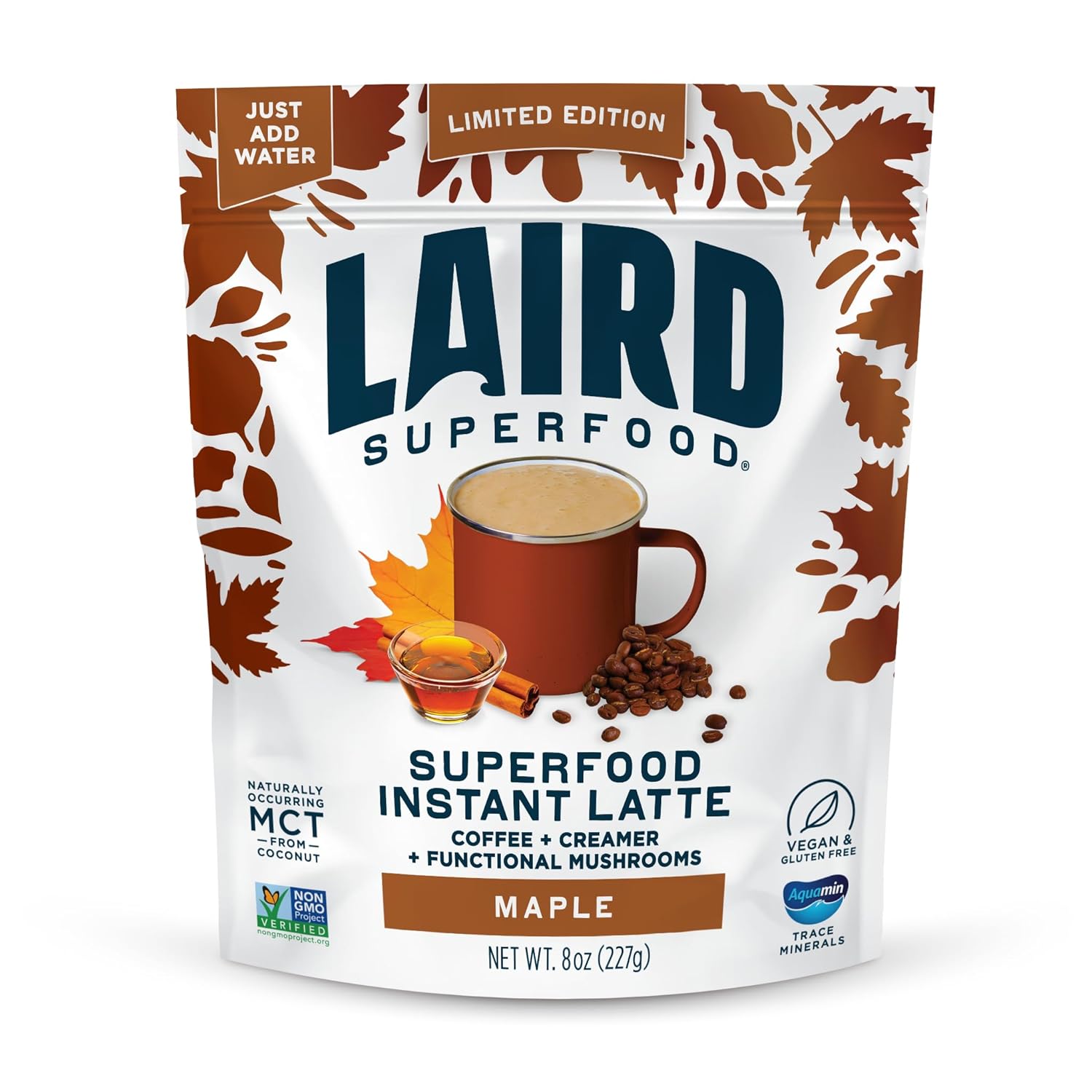 Laird Superfood Instant Latte, Maple, Non-Dairy, Superfood Creamer and Coffee, Gluten Free, Non-GMO, Vegan, 8 oz. Bag, Pack of 1