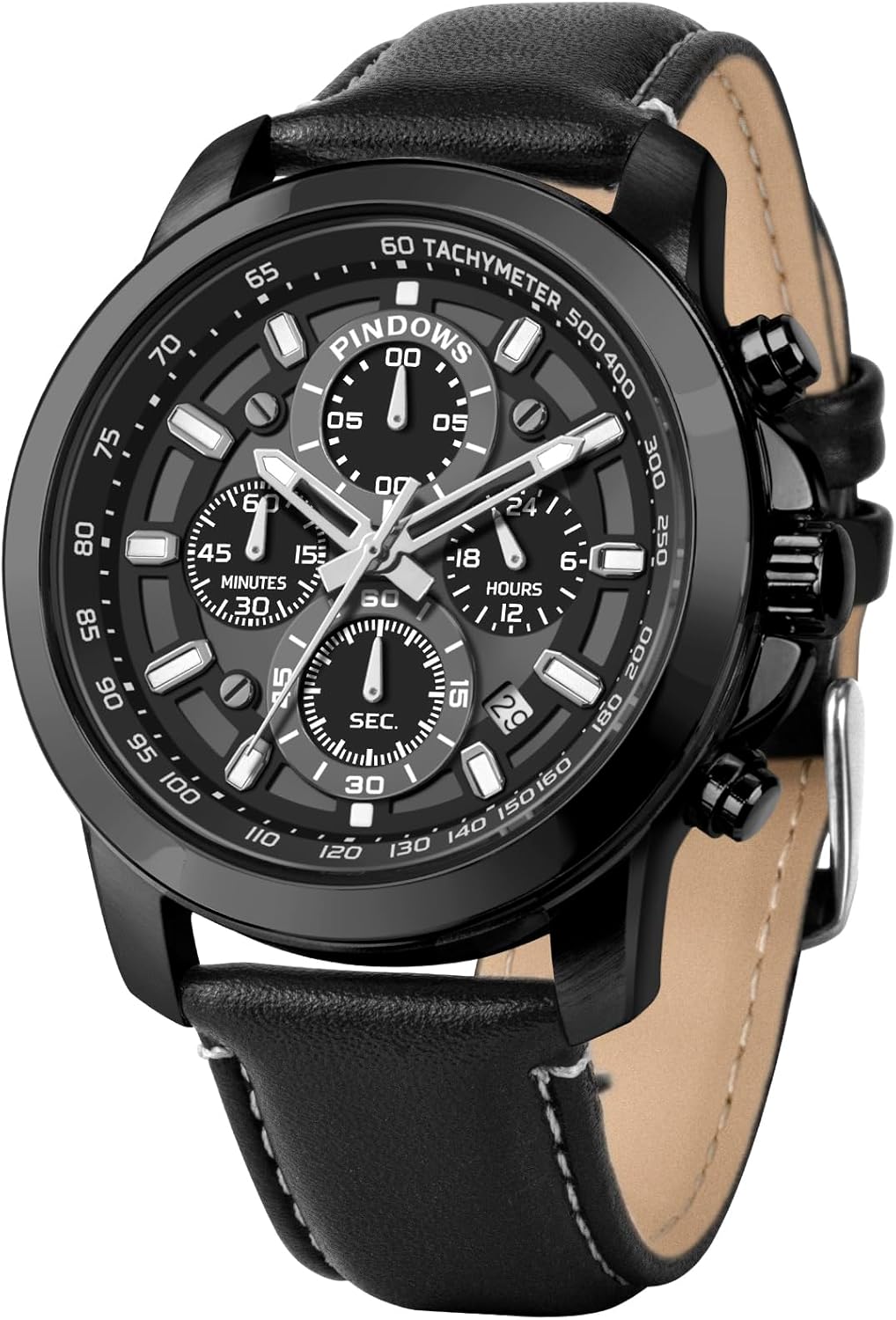 PINDOWS Watches for Men Luxury Quartz Chronograph Watch with Date, Big Face Waterproof Business Wristwatch, Stainless Steel Band, Luminous Hands, Diamond Accents