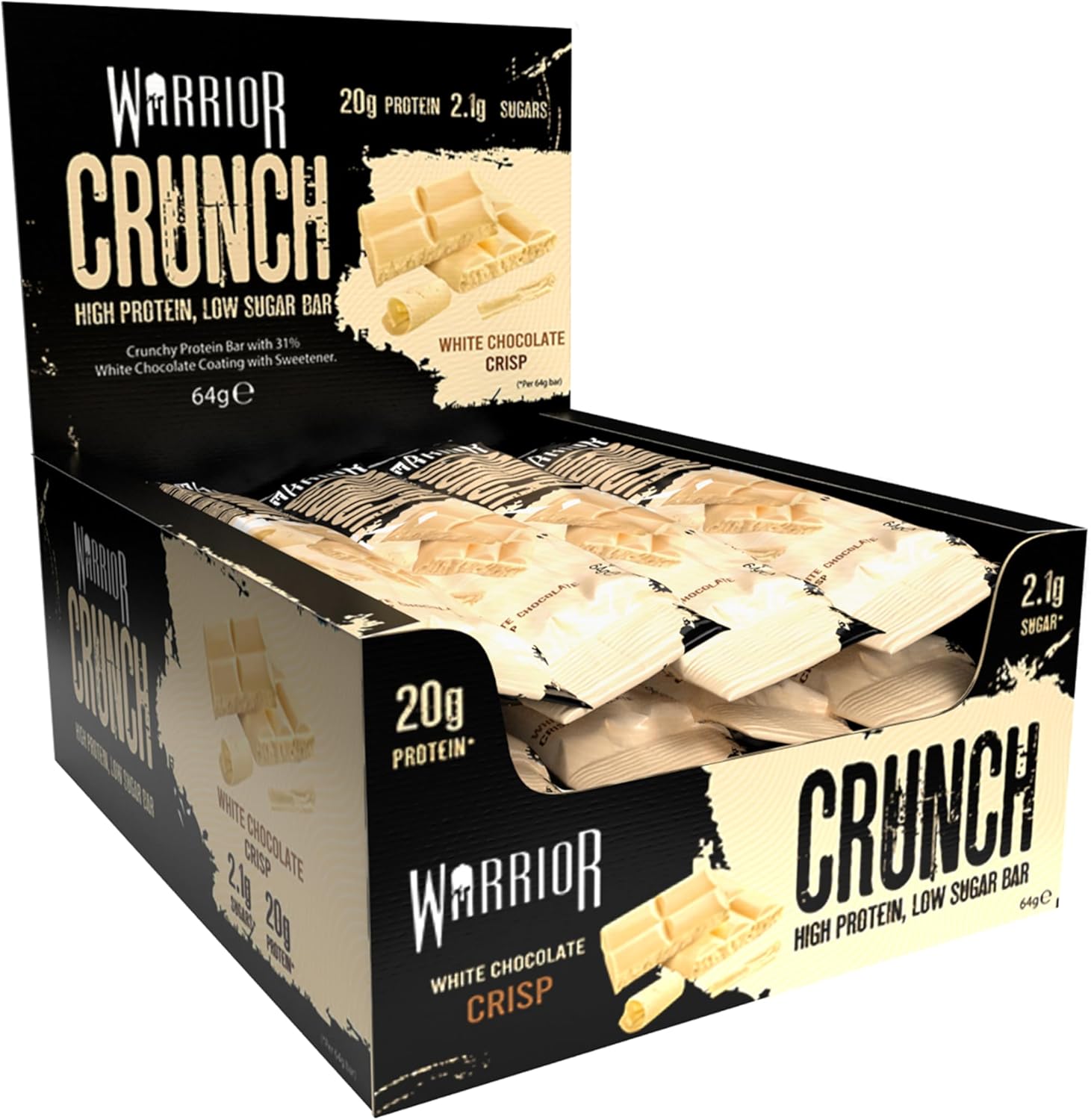 Warrior Crunch - High Protein Bars - 20g Protein Each Bar - Low Carb, Low Sugar Snack - 12 Pack x 64g (White Chocolate)
