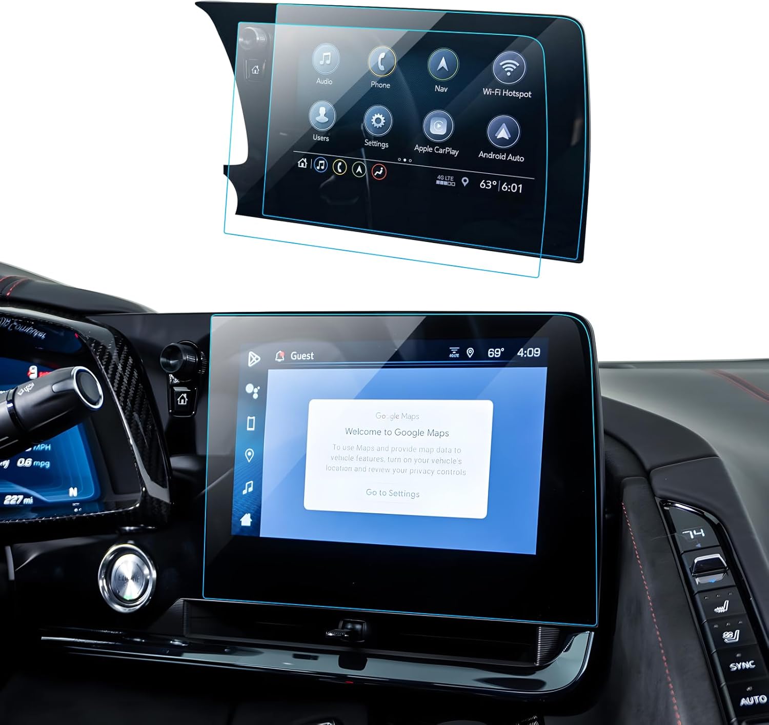 2PCS Car Screen Protector for 2022 2023 2024 2025 Chevrolte Corvette C8 Accessories Navigation Nano Touchscreen Protector Film HD Clear Bubble Free 12''