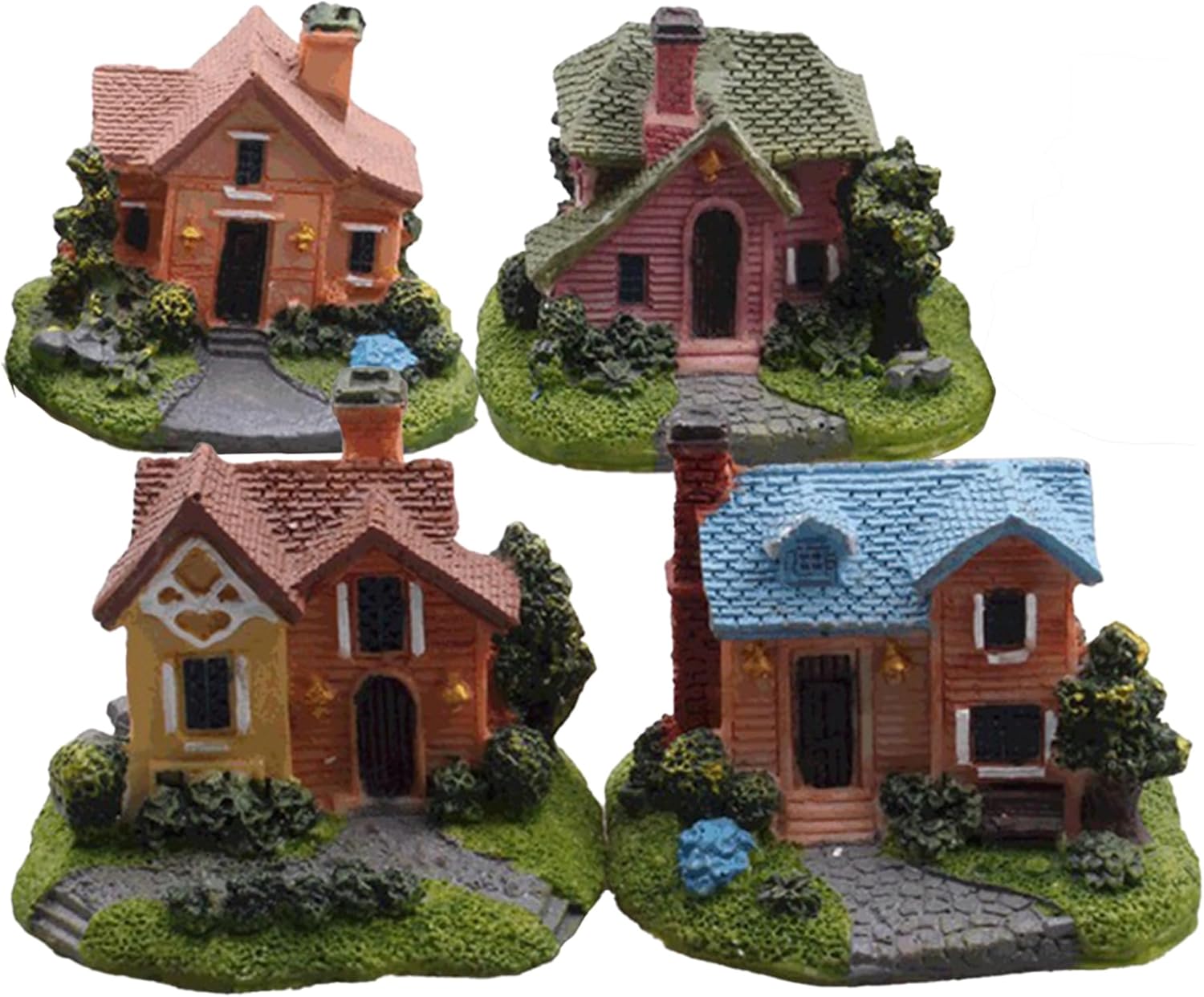 Miniature House 4Pcs Style 2.4x2x2 Inch Realistic Tiny House DIY Friendly Weather Resistant Resin Miniature Things for Bonsai, Micro Landscape, Fairy Garden, Mini, Tiny Hous