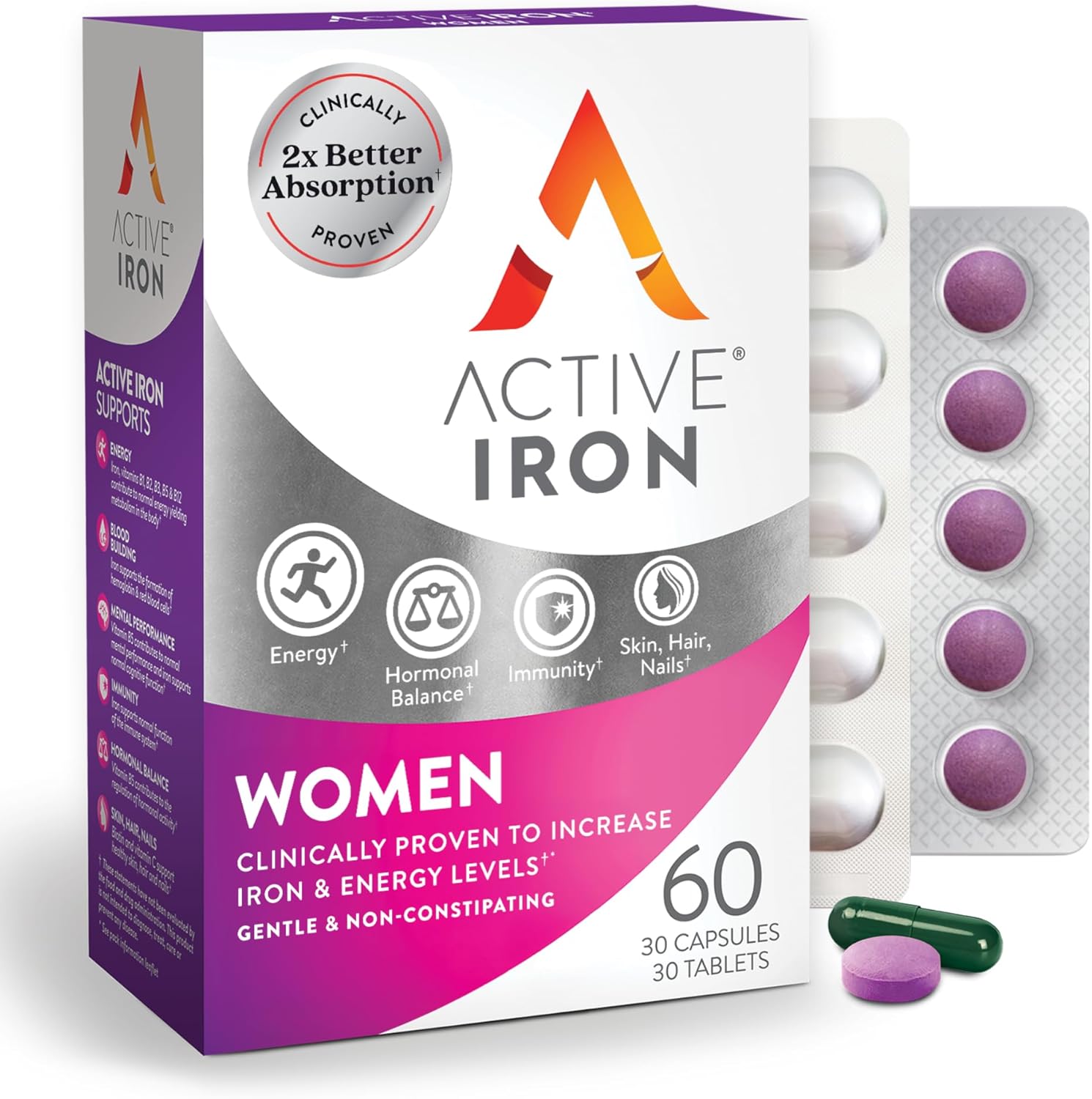 Active Iron Supplement 25mg + Multivitamin for Women – Clinically Proven to Increase Energy & Reduce Tiredness – Gentle, Non-Constipating Iron + Women’s Multivitamin – 30 Capsules + 30 Tablets