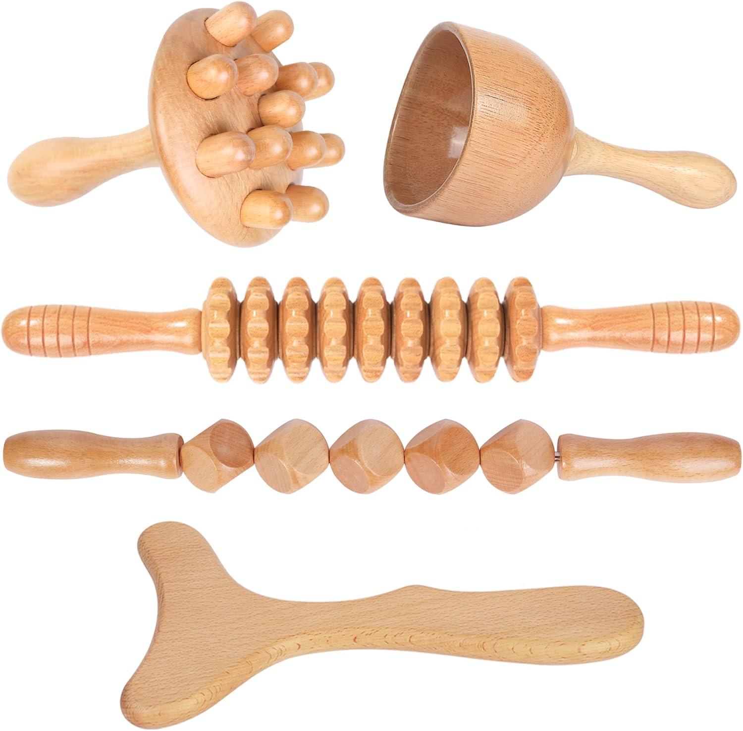 Wood Therapy Massage Tools 5-in-1 Lymphatic Drainage Massager Maderoterapia Kit Wooden Massager Body Sculpting Tools for Muscle Pain Relief, Anti-Cellulite, Body Contouring and Shaping
