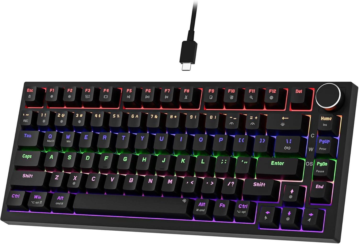 Newmen GM326 Mechanical Keyboard,Wired Gaming Keyboard,75% Percent TKL Hot Swappable Compact LED Backlit USB C Mechanical Gaming Keyboards with Knob for PC Windows Mac,QWERTY Layout,Black,Red Switches