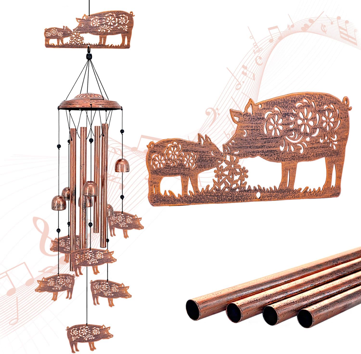 Pig Wind Chimes for Outside,Pig Gifts for Women Men/Memorial Gifts/House Warming/Birthday Metal windchimes Outdoors/Indoors,Garden,Patio Decor,Home,Porch,Yard Decorations