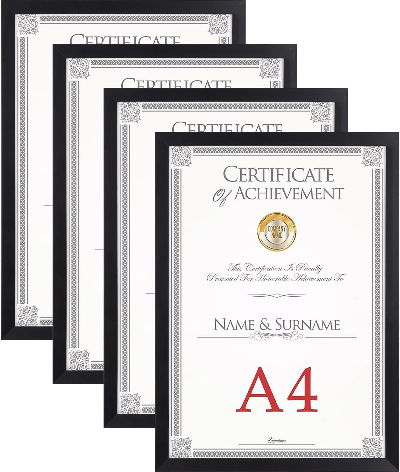 EXYGLO Black A4 Picture Frame Set of 4 - Classic A4 Photo Frames for Wall & Tabletop Diaplay, Perfect for Certificates, Posters, Documents & Artwork