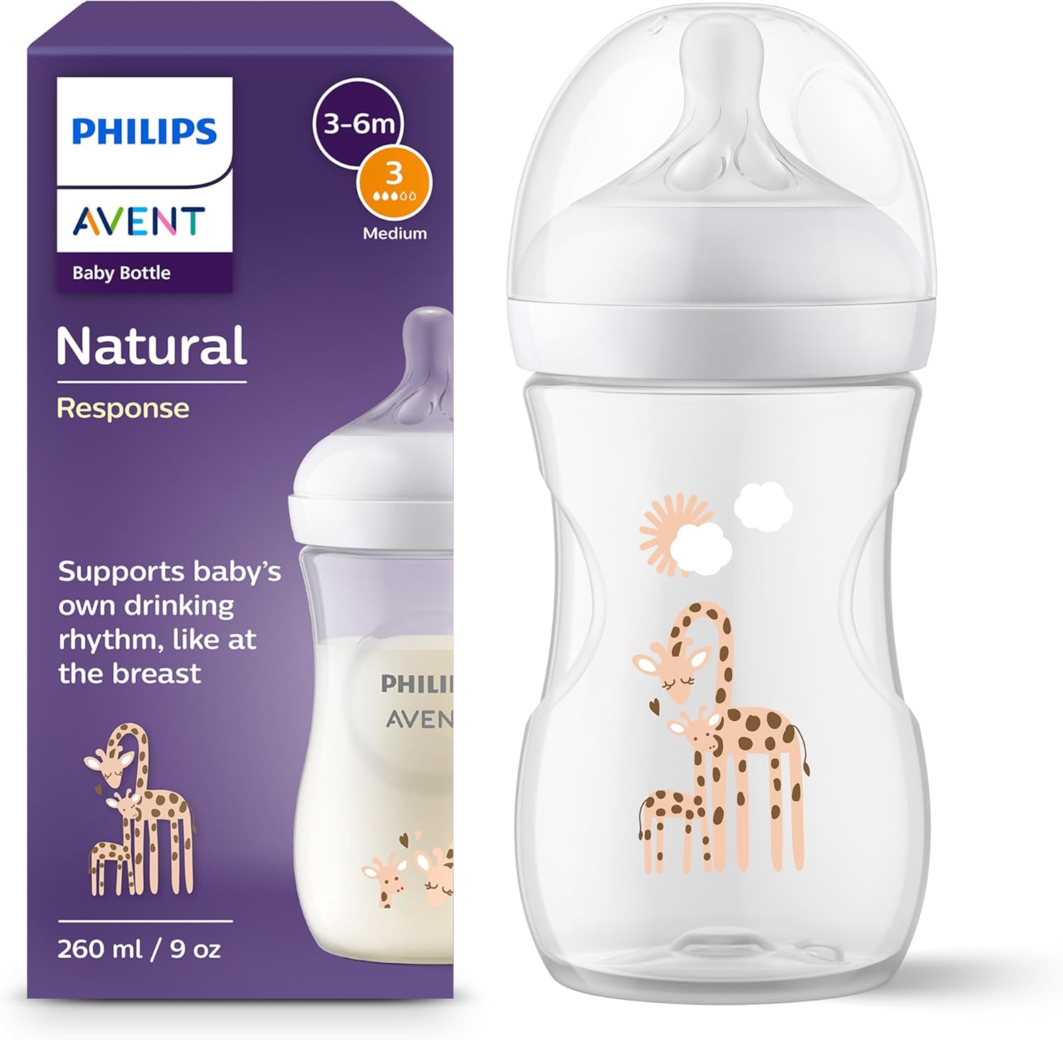Philips Avent Natural Response Baby Bottle - 260ml Baby Milk Bottle, BPA Free for Babies 1 Month+, Giraffe Pattern (Model SCY903/66)