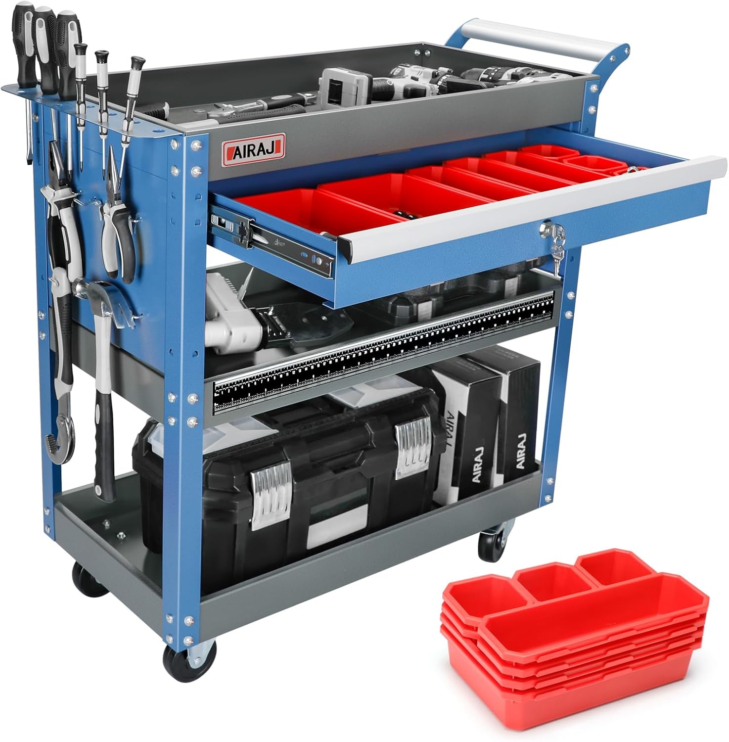 AIRAJ 3 Tier Rolling Tool Cart,Mechanic Tool Cart on Wheels,Industrial Utility Cart with Drawers and Pegboard,440 LBS Capacity Tool Storage Cart for Garage,Warehouse,Blue