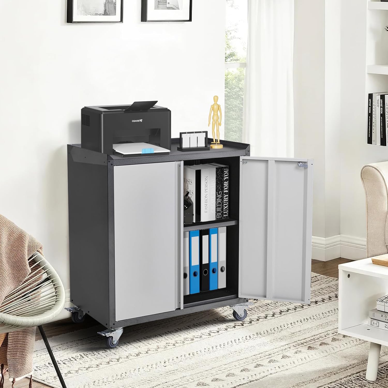 Warmiehomy Heavy Duty Steel Filing Cabinet, 2-Door Lockable Cabinet on Wheels, Metal Document Storage Organizer for Home Office, Large Capacity, 77x46x90cm (WxDxH)