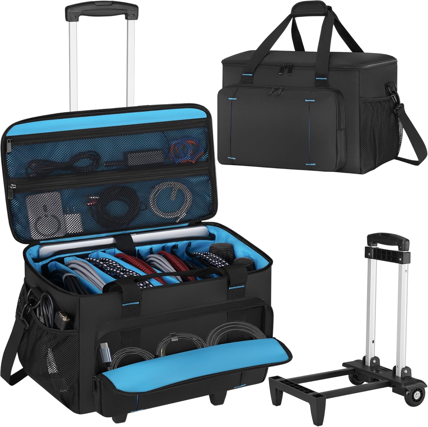 Rolling DJ Cable File Bag, DJ Gig Bag Padded Case with Detachable Trolley & Dividers, Cable Organizer with Multi-pocket & Compartment for 15.6'' Laptop, DJ Gear, Musical Instrument, Sound Equipment