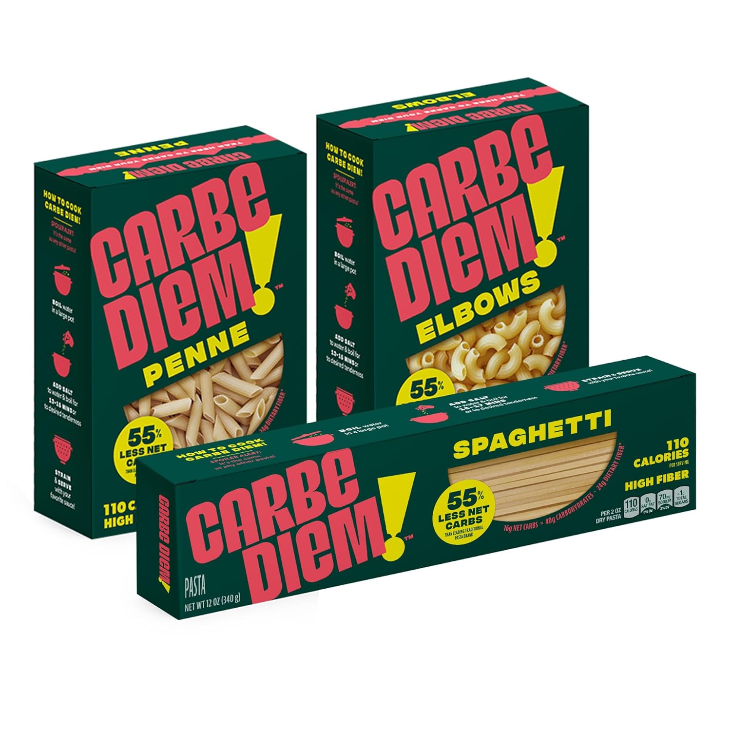 Carbe Diem!, Chef’s Kiss Sample Pack, Spaghetti, Penne & Elbow, 55% Fewer Net Carbs with Traditional Flavor & Texture, Chef's Kiss Sample Pack (Spaghetti, Penne, Elbows)