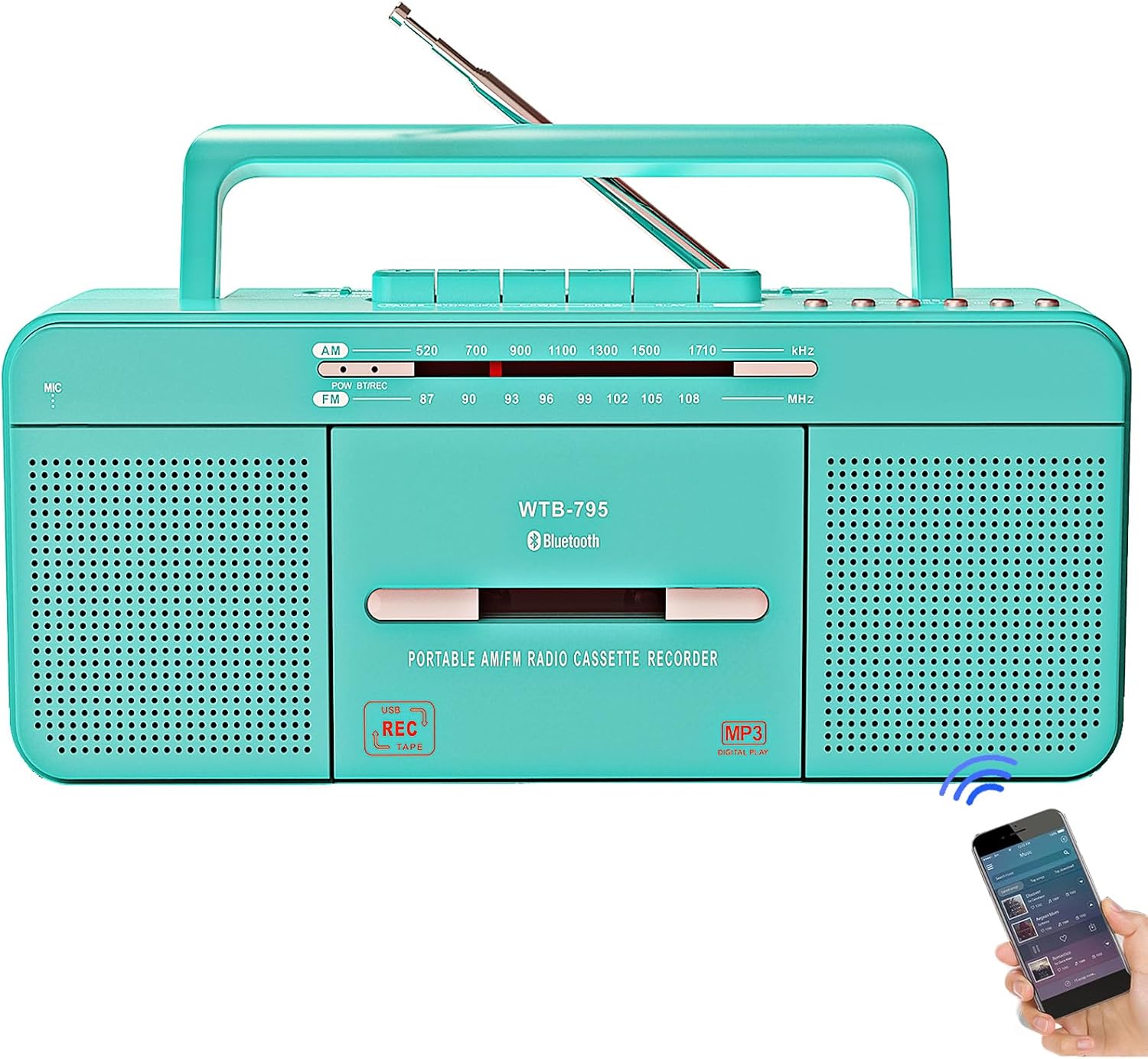 Portable Retro Stylish Cassette Player Recorder Boombox with Bluetooth,USB,AM/FM Radio,Tape Player/Recording,USB Playback/Recording,Cassette to MP3 Converter,Earphone Jack,AC/DC Powered(Teal)