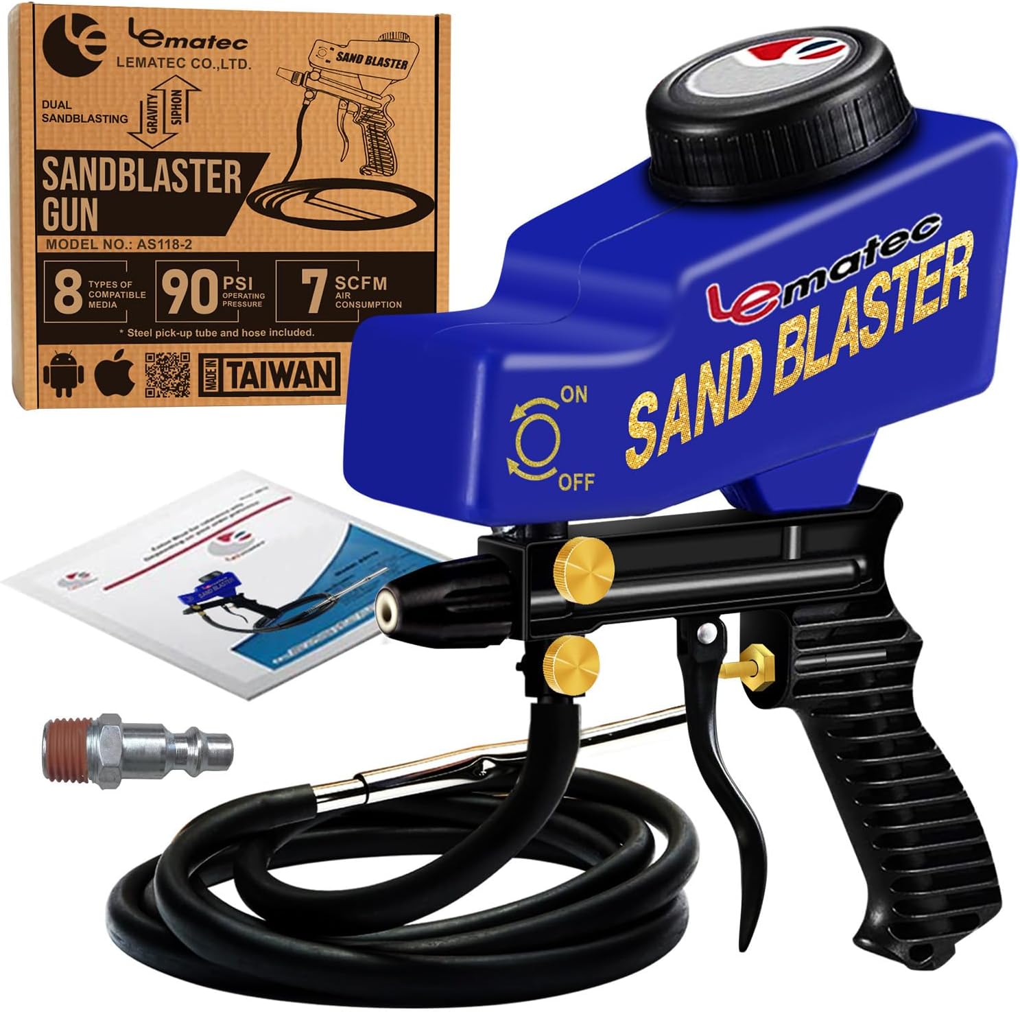 LE LEMATEC Light-Duty Sandblaster Gun Kit, Requires Air Compressor (Not Included), Hobby Sand Blaster for Small Projects, Metal & Wood Surface Prep, AS118-2C