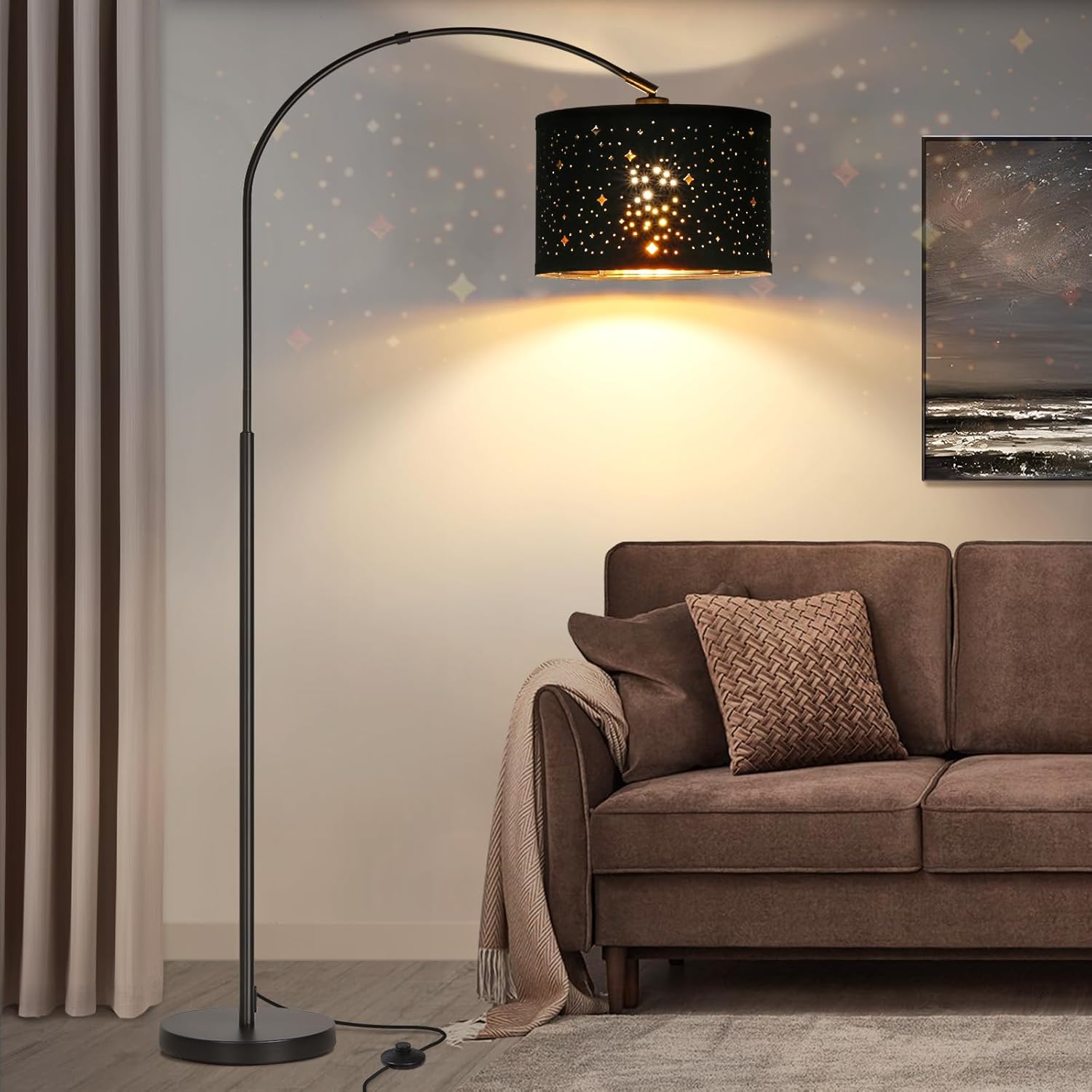 Modern Arc Floor Lamp, Tall Pole Lamp with Black Stars Lampshade, Arched Reading Light with Adjustable Lamp Head, Over Couch Hanging Light Corner Lamp for Living Room, Bedroom, Office, Black