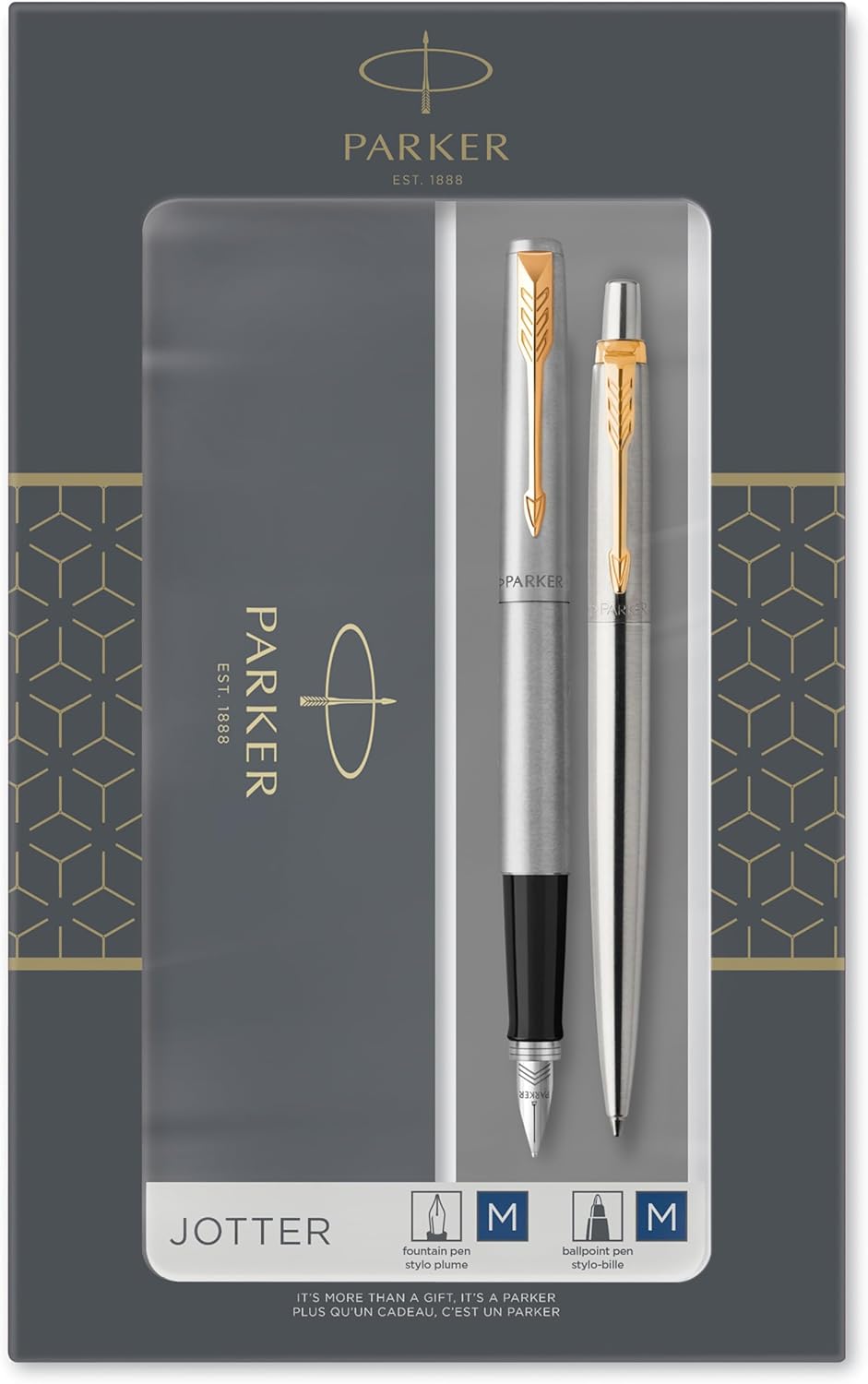 Parker Jotter Duo Gift Set with Ballpoint Pen & Fountain Pen | Stainless Steel with Gold Trim | Blue Ink Refill & Cartridges | Gift Box