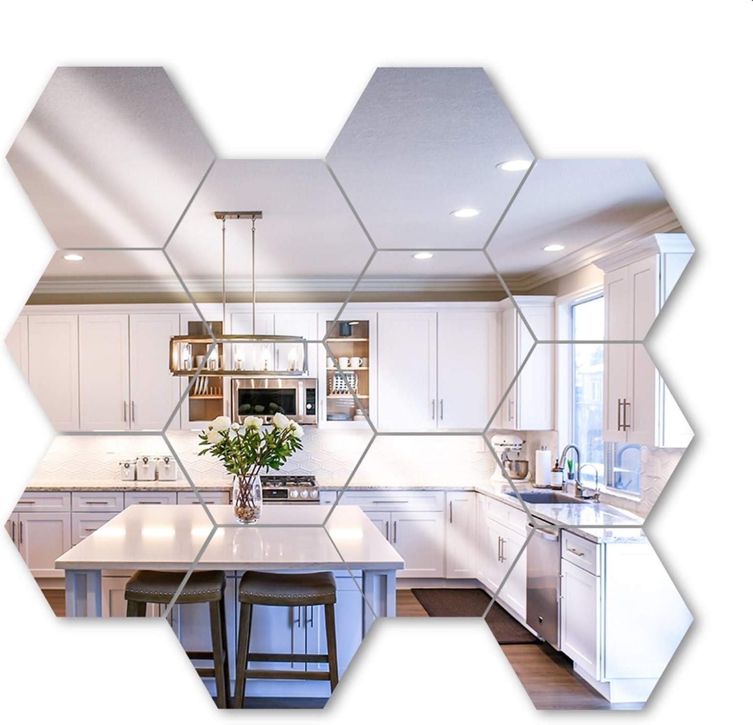 Top-Spring 12 PCS Hexagon Mirror Tile Wall Sticker 3D Acrylic Mirror Wall Sticker Decor Stick On Modern Decal for Home Living Room Bedroom (Silver, 20 * 17 * 10 cm)