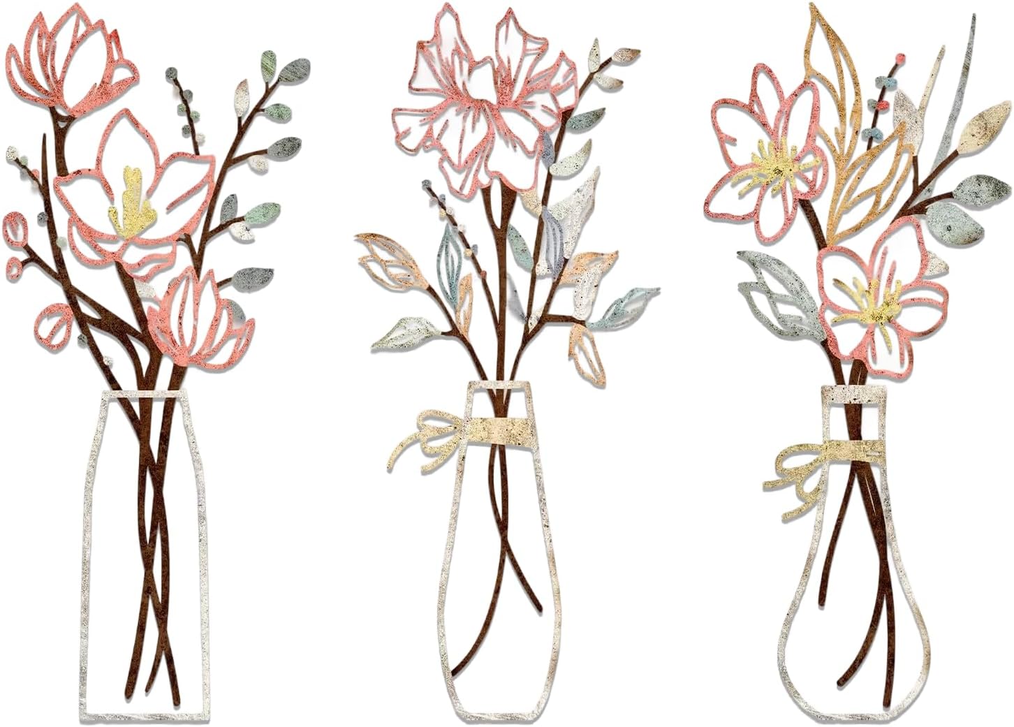 Leseogye Metal Flower Wall Art, Pink Flower in Vase Wire Artwork for Wall, Pink Metal Flowers for Living Room Bathroom Bedroom Patio Balcony Kitchen