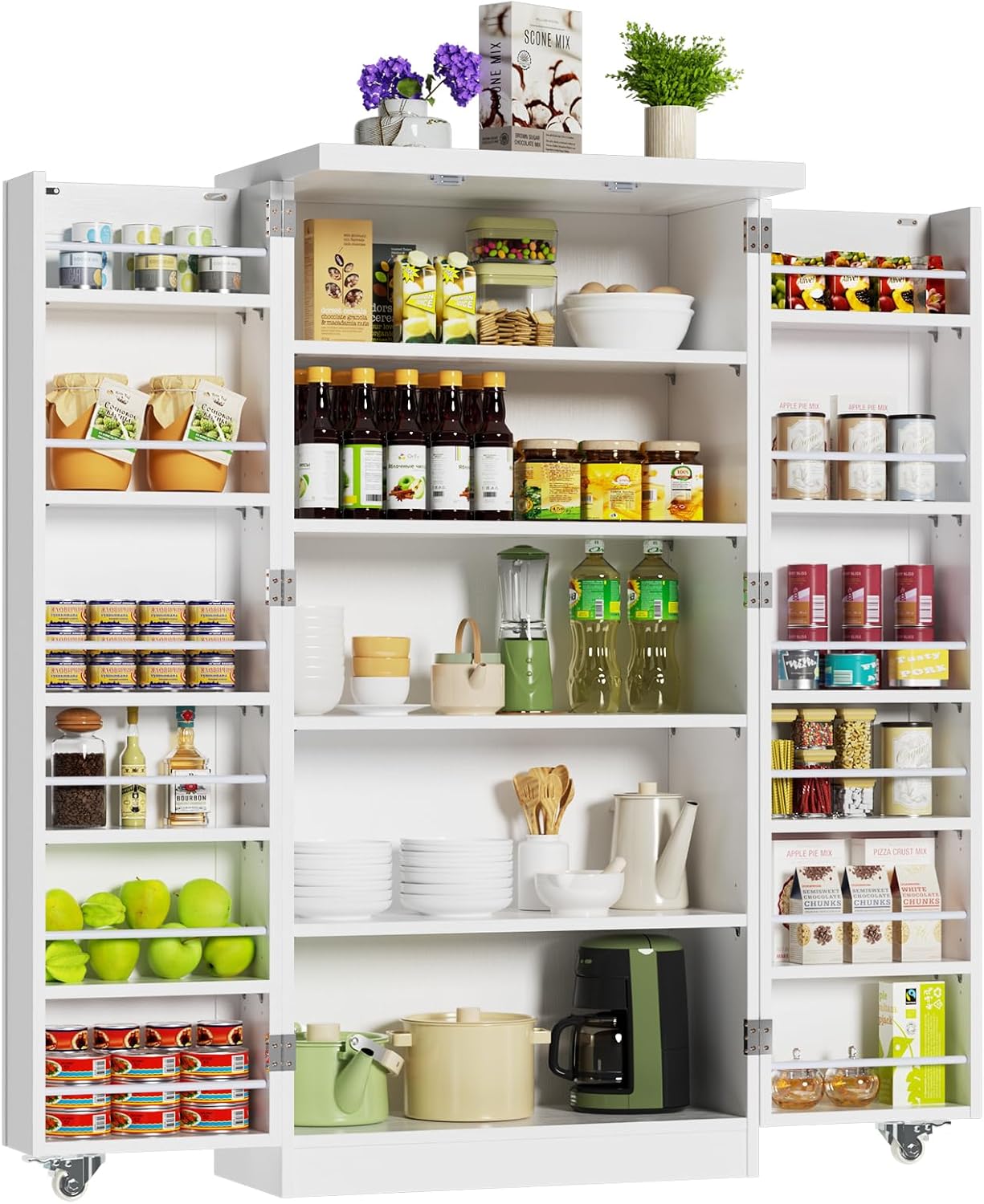 ROOMTEC 47” Kitchen Pantry Cabinet, White Freestanding Buffet Cupboards Sideboard with Doors & Adjustable Shelves, Kitchen Pantry Storage Cabinet for Kitchen, Living Room and Dinning Room