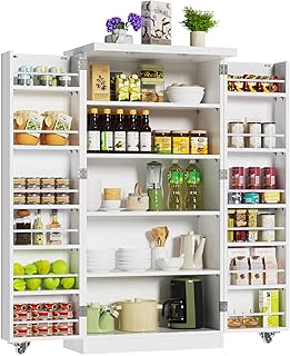 ROOMTEC 47” Kitchen Pantry Cabinet, White Freestanding Buffet Cupboards Sideboard with Doors & Adjustable Shelves, Kitchen Pantry Storage Cabinet for Kitchen, Living Room and Dinning Room