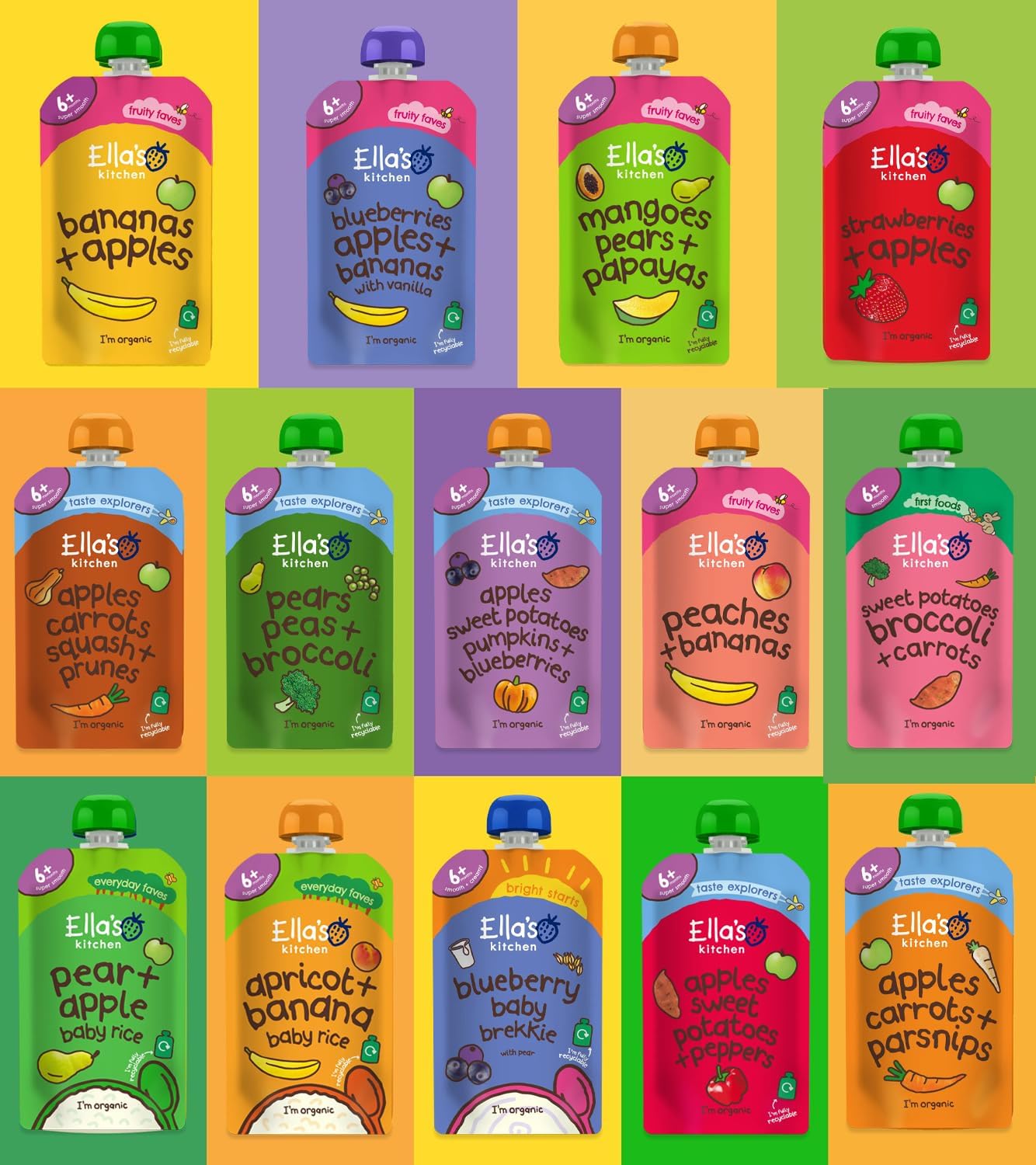 Ella's Kitchen Stage 1 Mixed Case Selections Organic Baby Food From 6+ Months (14x120g)
