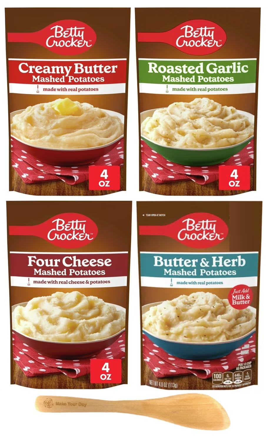 Betty Crocker Mashed Potatoes, Creamy Butter, Roasted Garlic, Four Cheese, and Butter & Herb - Made with Real Potatoes 4 Ounce (Pack of 4) - with Make Your Day Mini Spatula