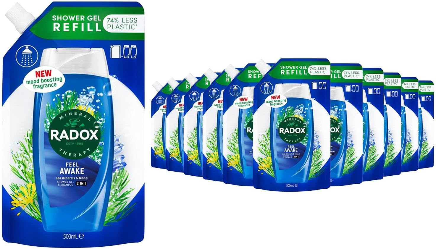 Radox Mineral Therapy Feel Awake Refill Pouch Body wash 2-in-1 shower gel & shampoo with a Sea Mineral & Fennel fragrance for a refreshing shower experience 500 ml Bulk Buy (12)